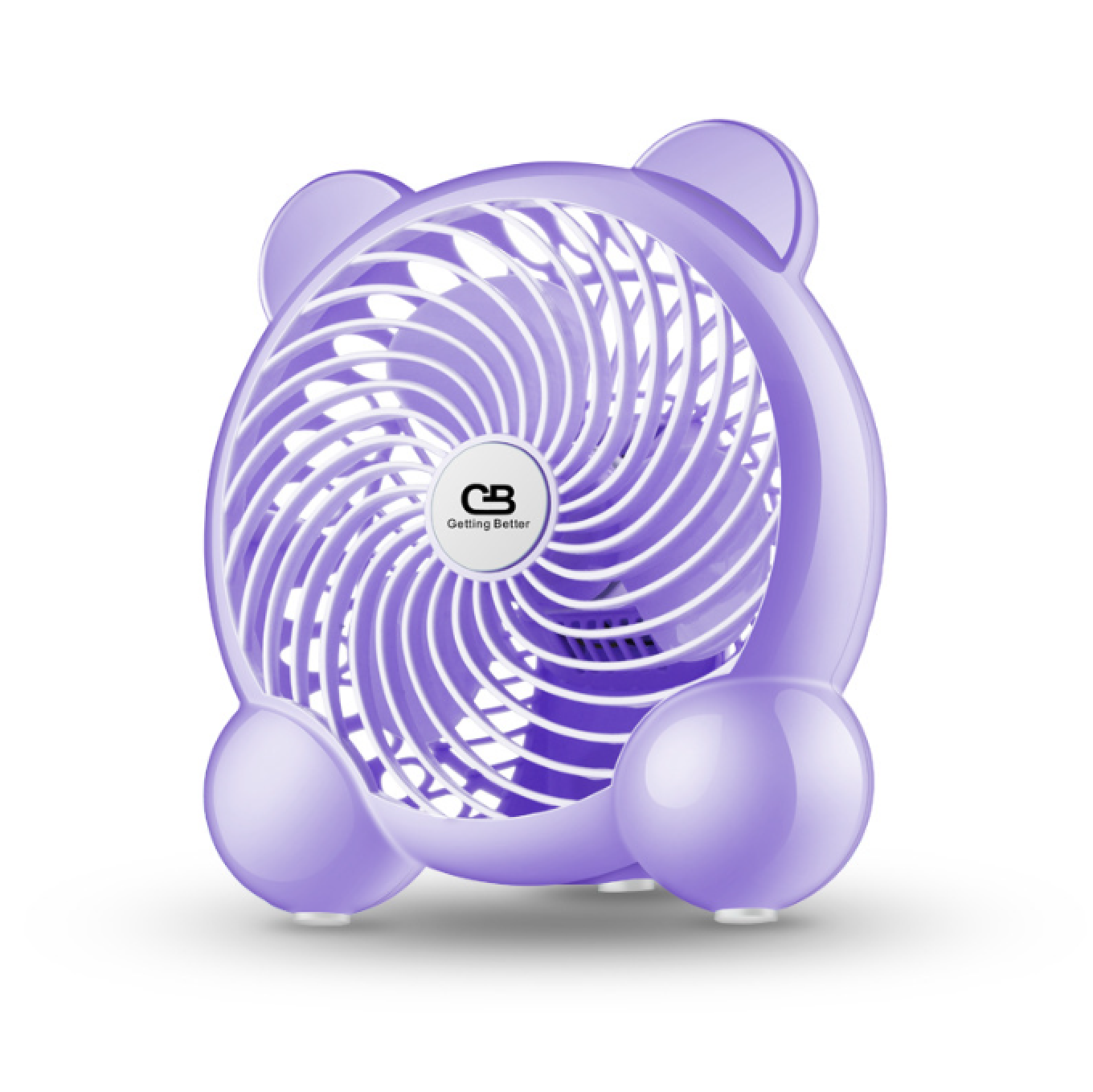 Ein lavendelfarbener Ventilator mit Bärenohren und Kugelfüßen.