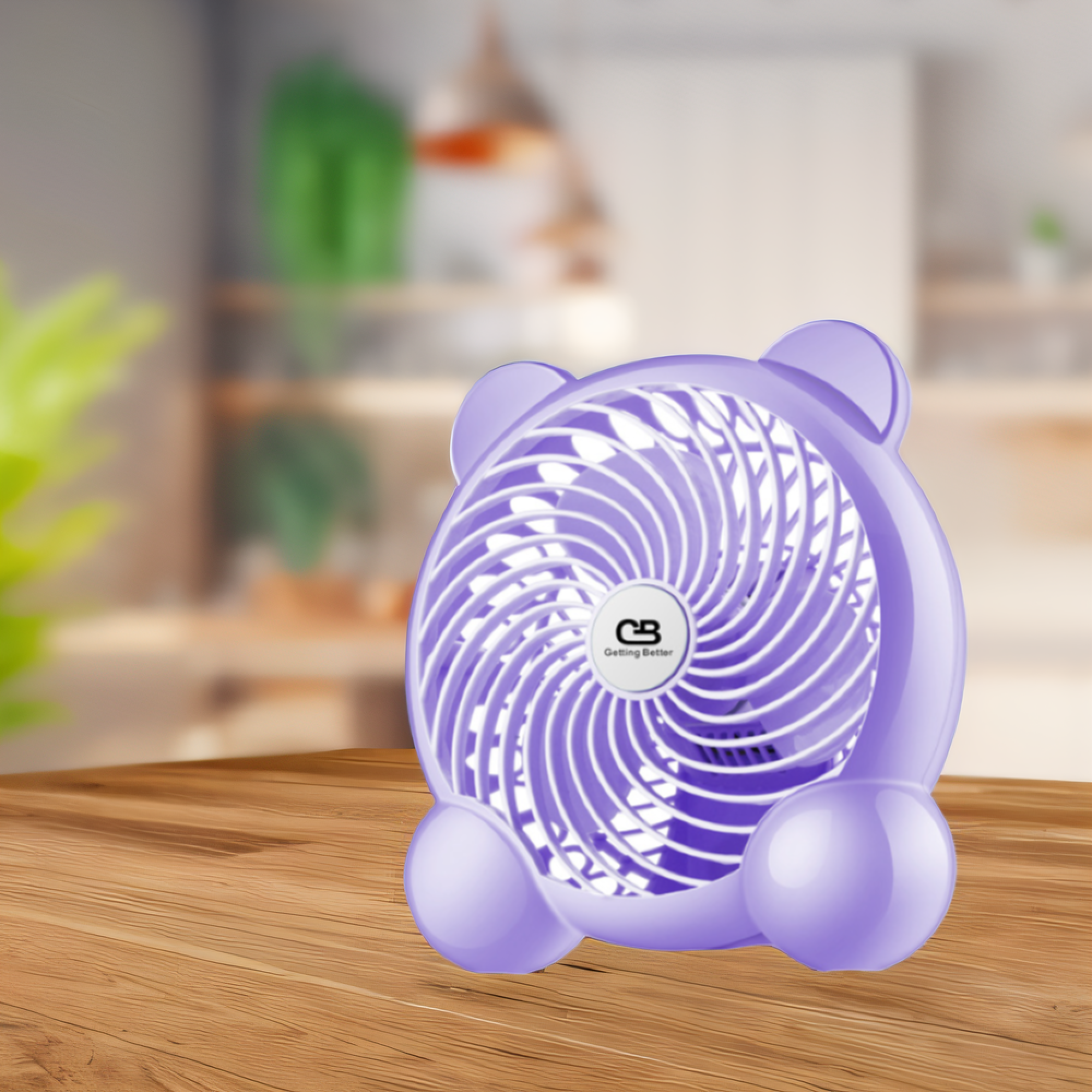 Lila Ventilator mit Ohren und Füßen auf einem Holztisch.