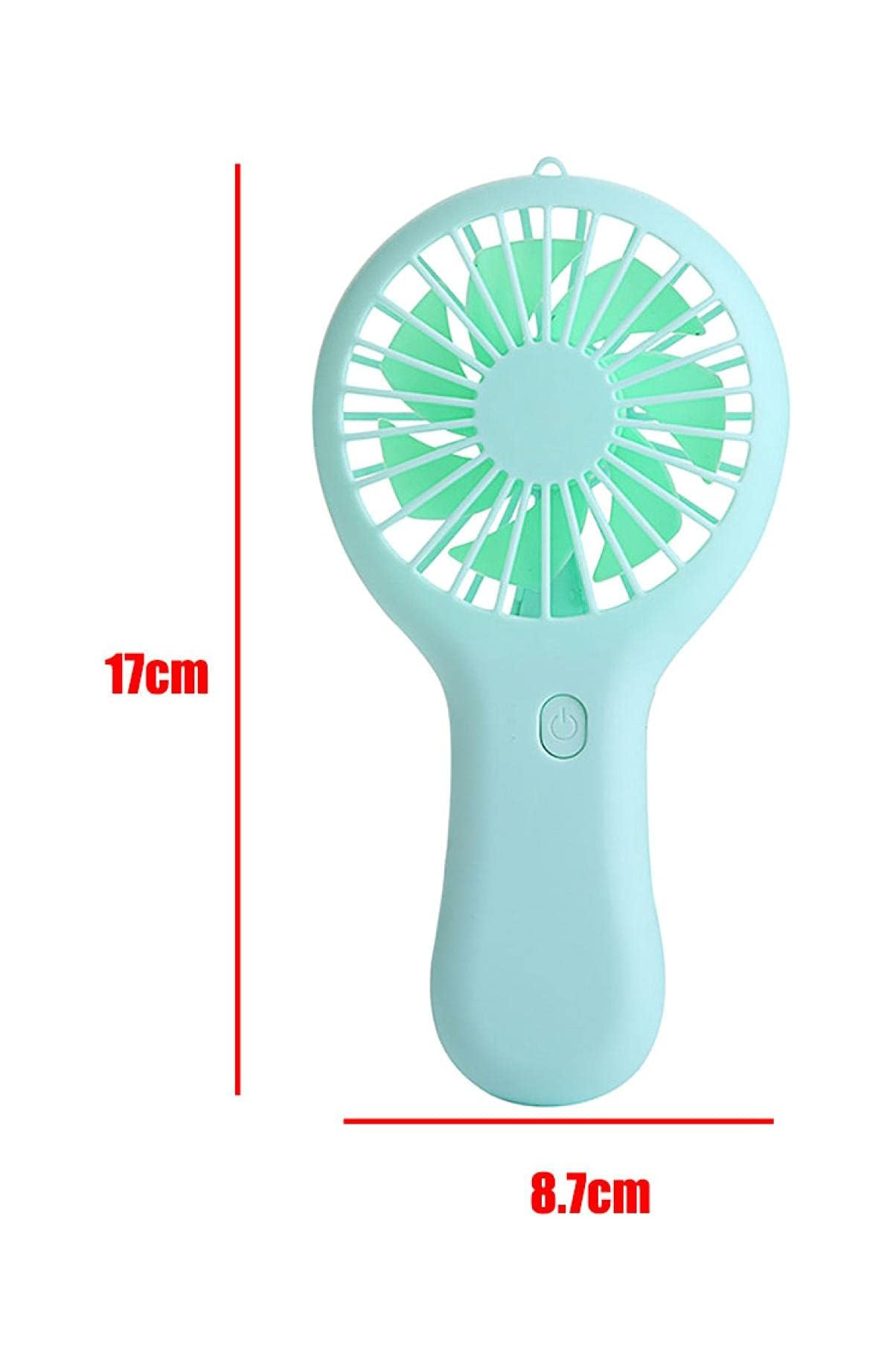 Ein hellblauer Handventilator mit grünen Flügeln, 17cm hoch, 8.7cm breit.