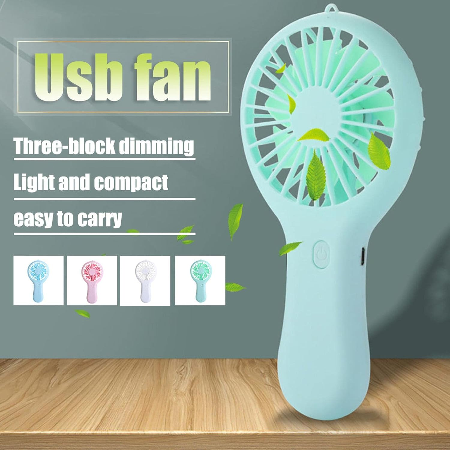 Ein hellblauer USB-Ventilator mit grünen Blättern und vier kleinen Ventilatoren daneben.