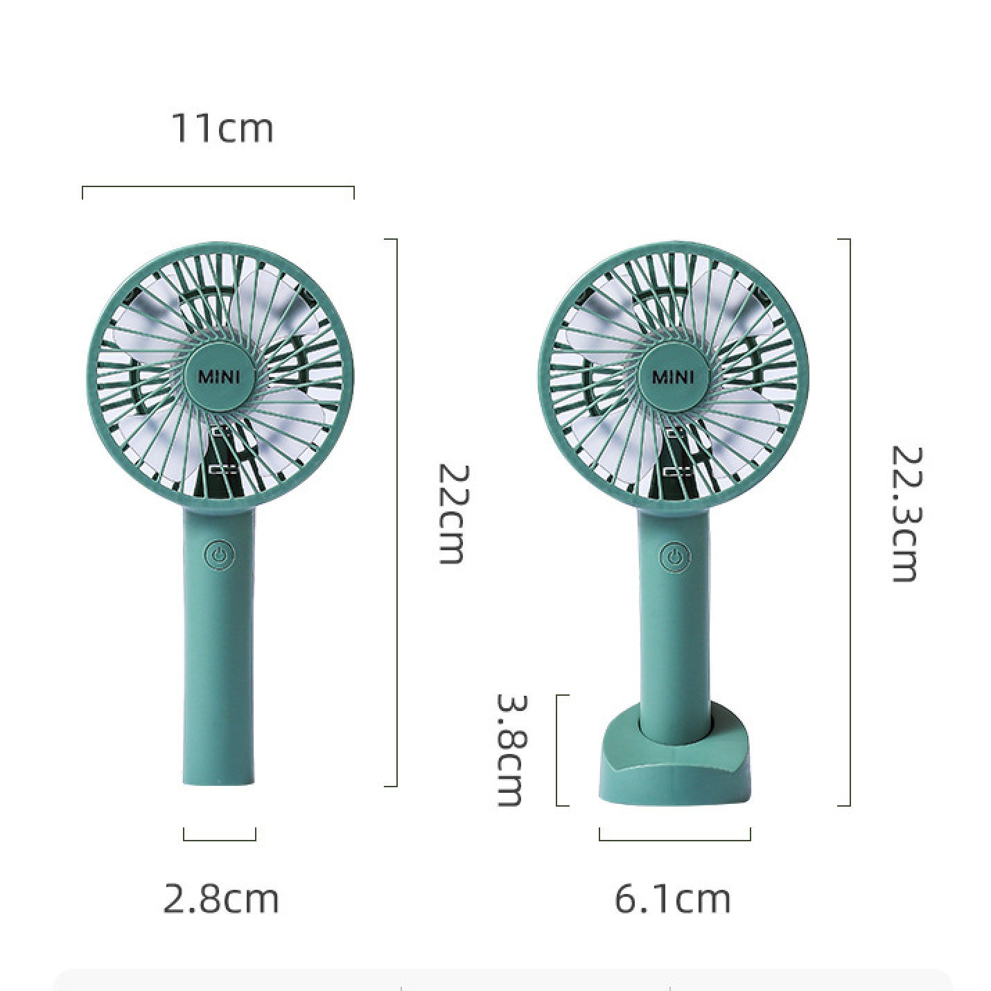 Zwei teal Mini-Ventilatoren mit Abmessungen. Ein Ventilator steht auf seinem Sockel, der andere separat.