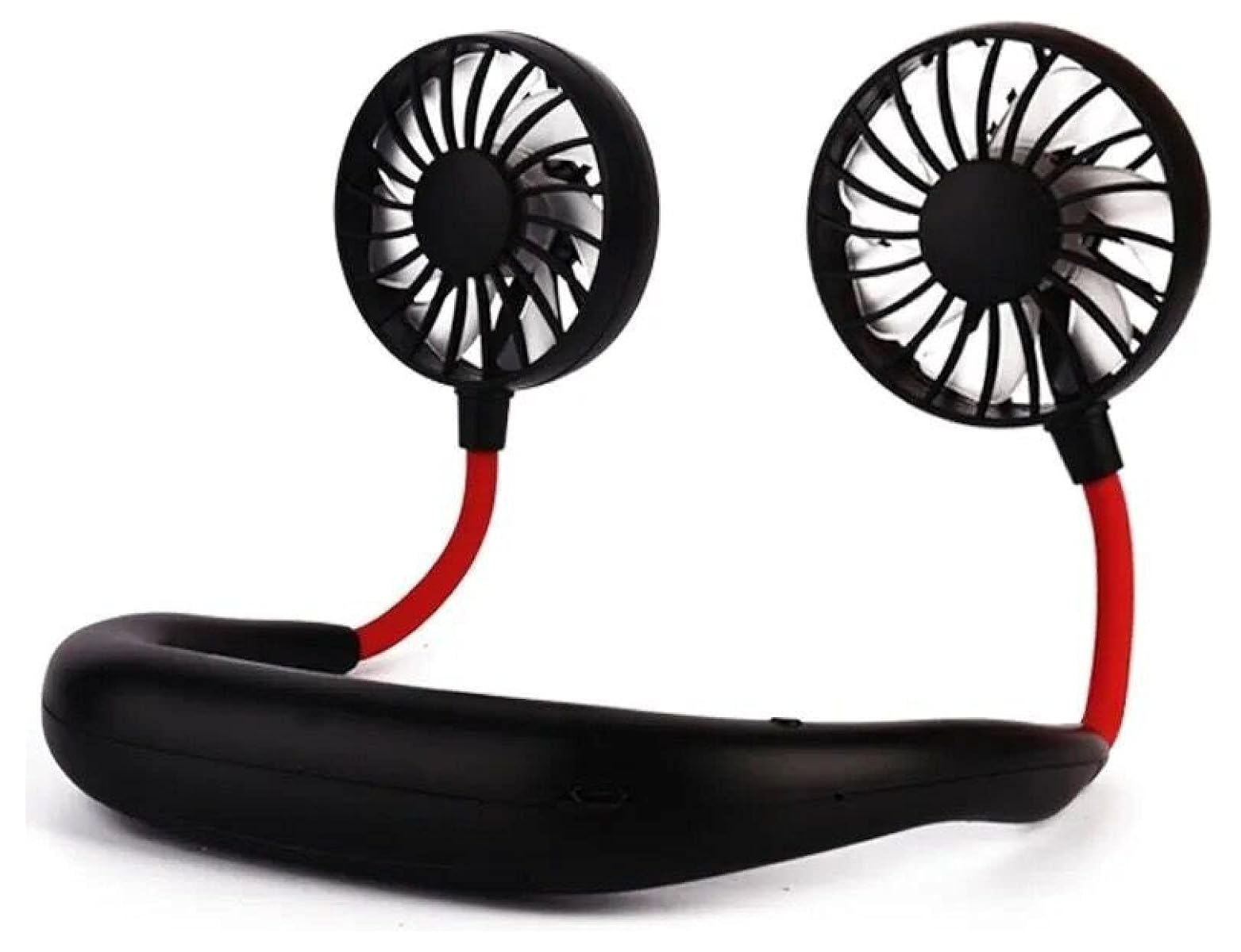 Ein tragbarer Halsventilator mit zwei schwarzen Lüftern und roten Schläuchen.