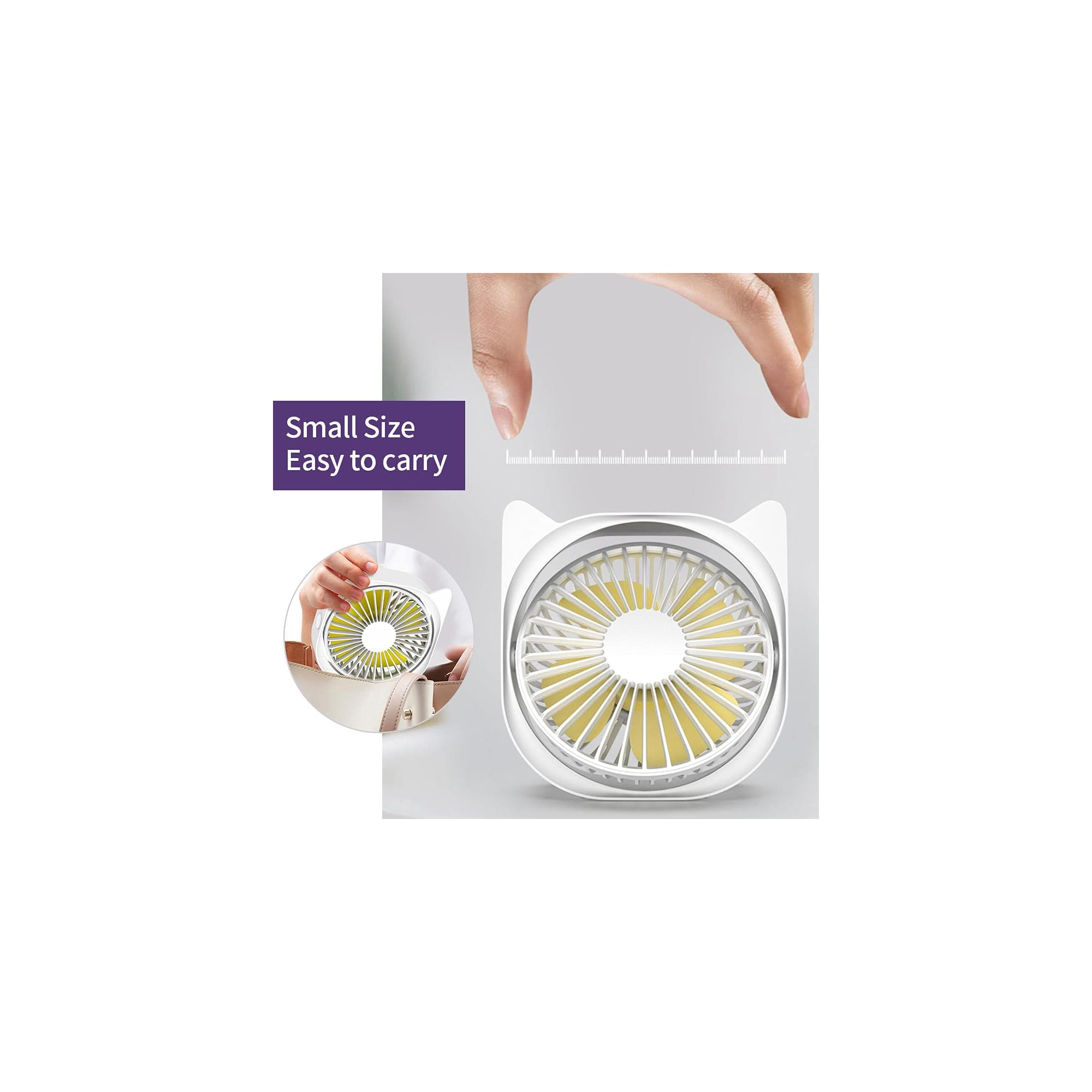 Ein kleiner weißer Ventilator mit gelben Rotorblättern und Ohren-Details.