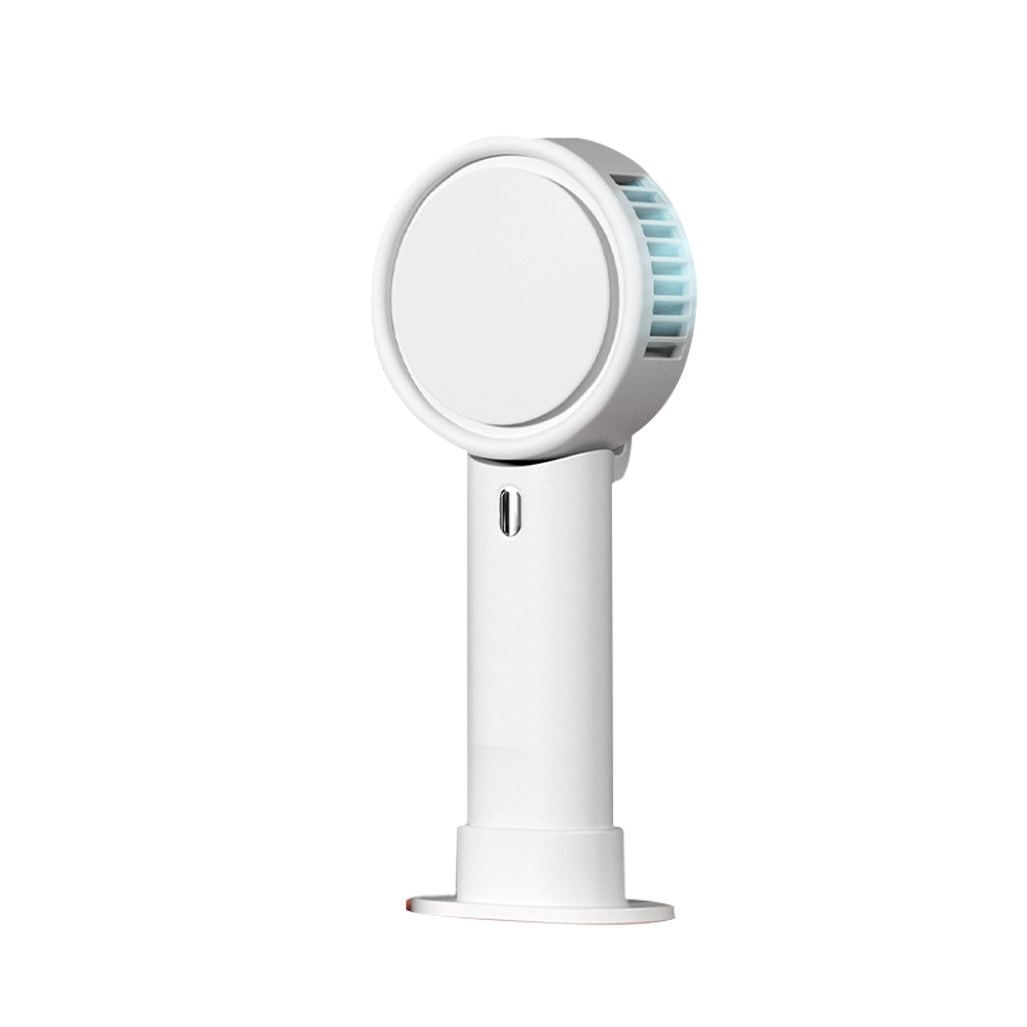 Ein weißer tragbarer Ventilator mit rundem Kopf und schmalem Griff.
