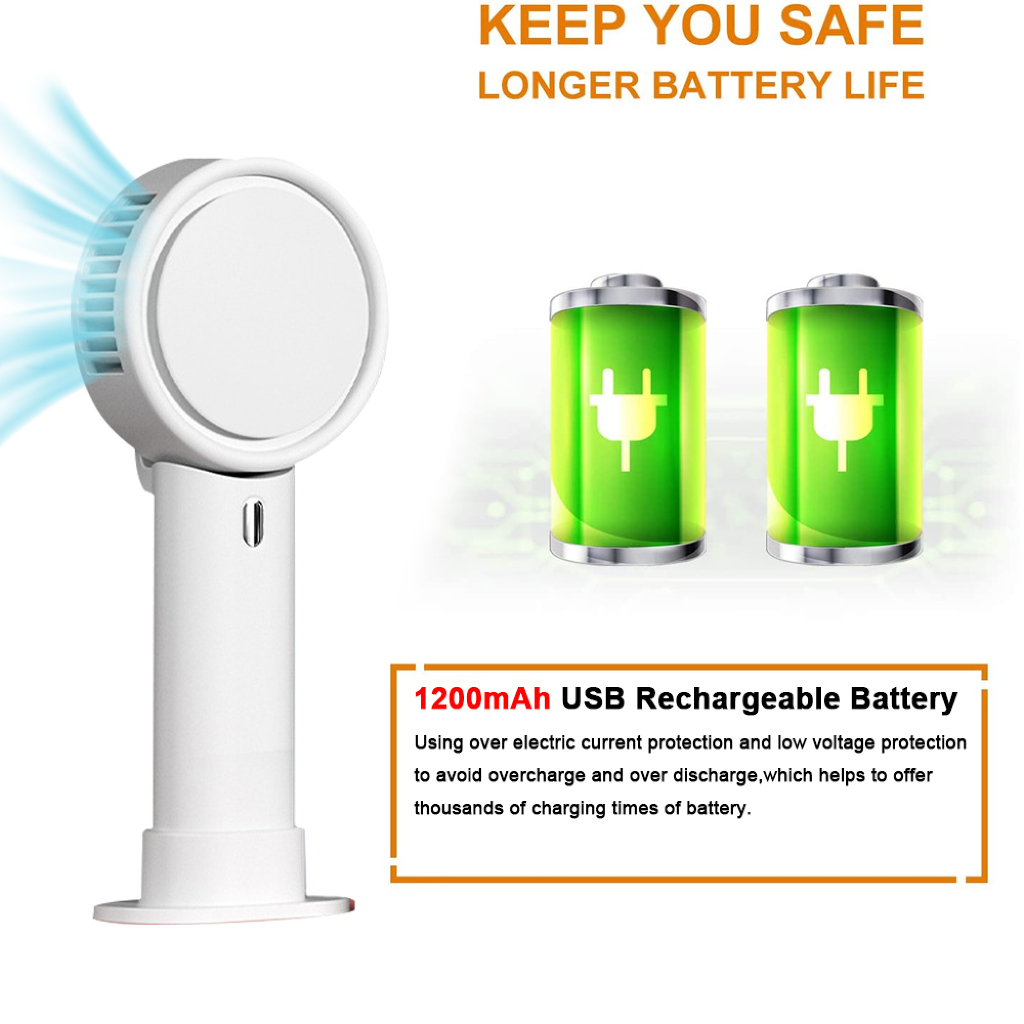 Ein weißer Handventilator mit blauen Luftstromlinien und zwei grünen Batterien.