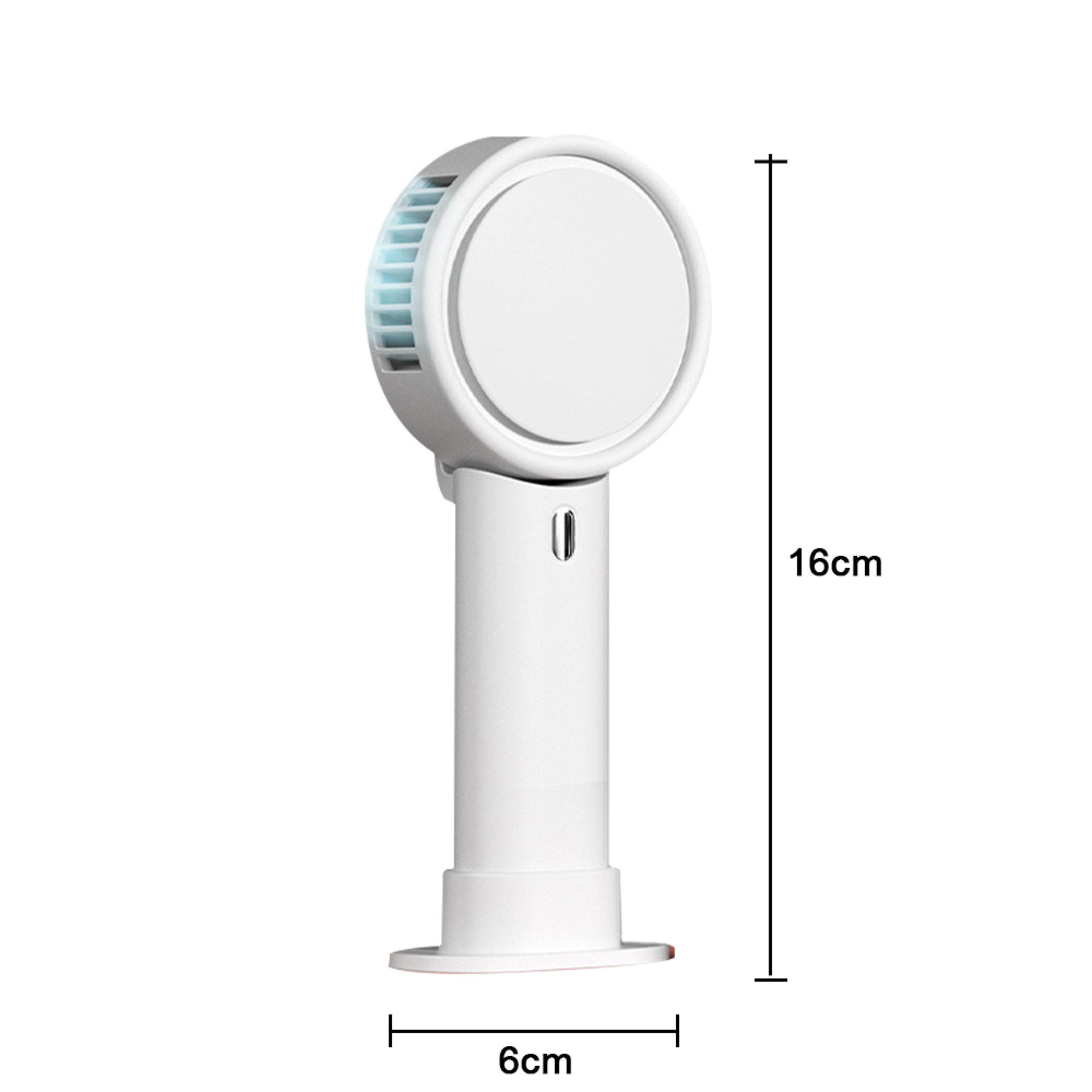 Ein kleiner weißer Ventilator mit einem runden Kopf und einem schmalen Ständer.
