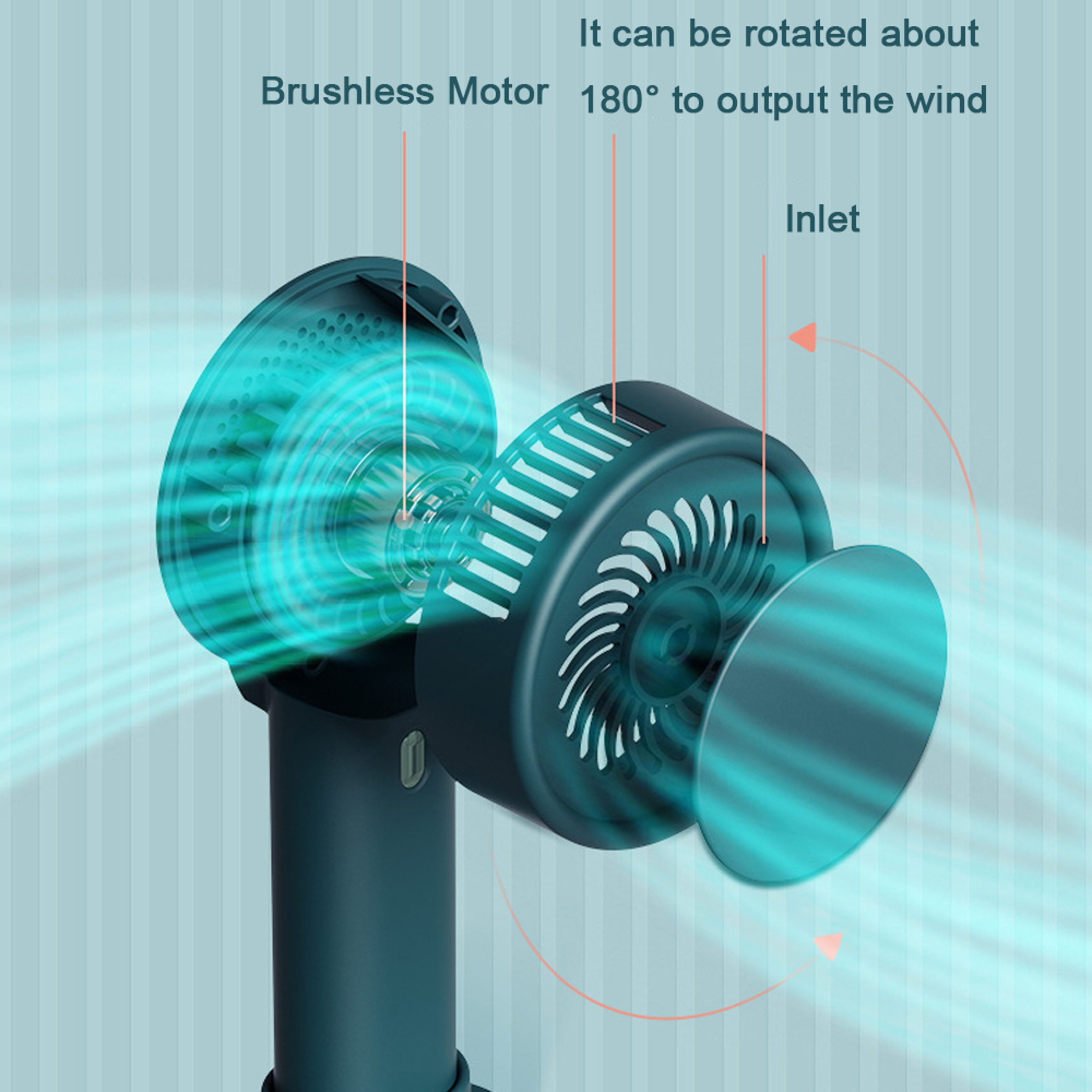 Ein dunkelblauer Lüfter mit sichtbaren Luftströmen und Beschriftungen wie 'Brushless Motor'.