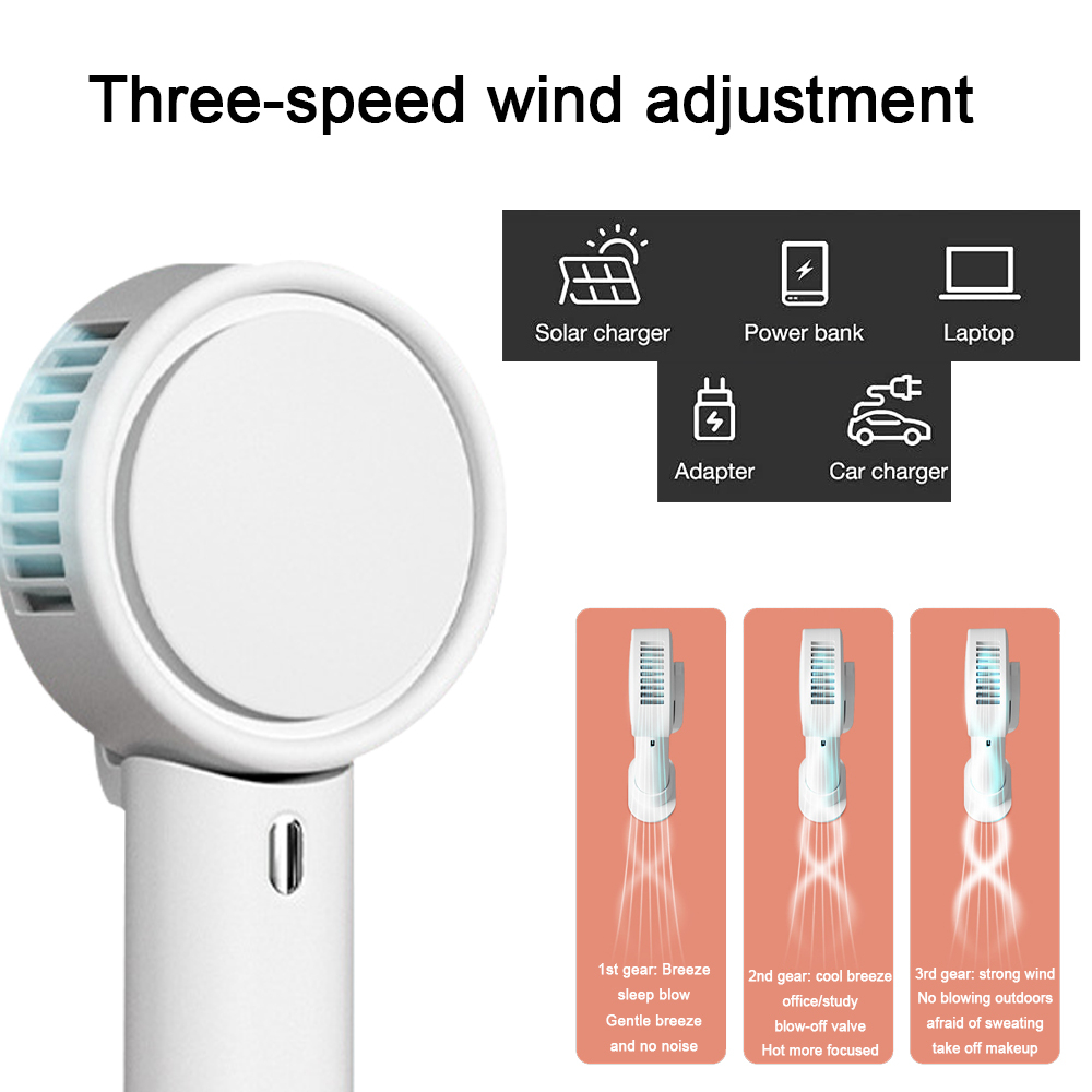 Ein weißer Ventilator mit drei Windgeschwindigkeiten und Ladeoptionen.