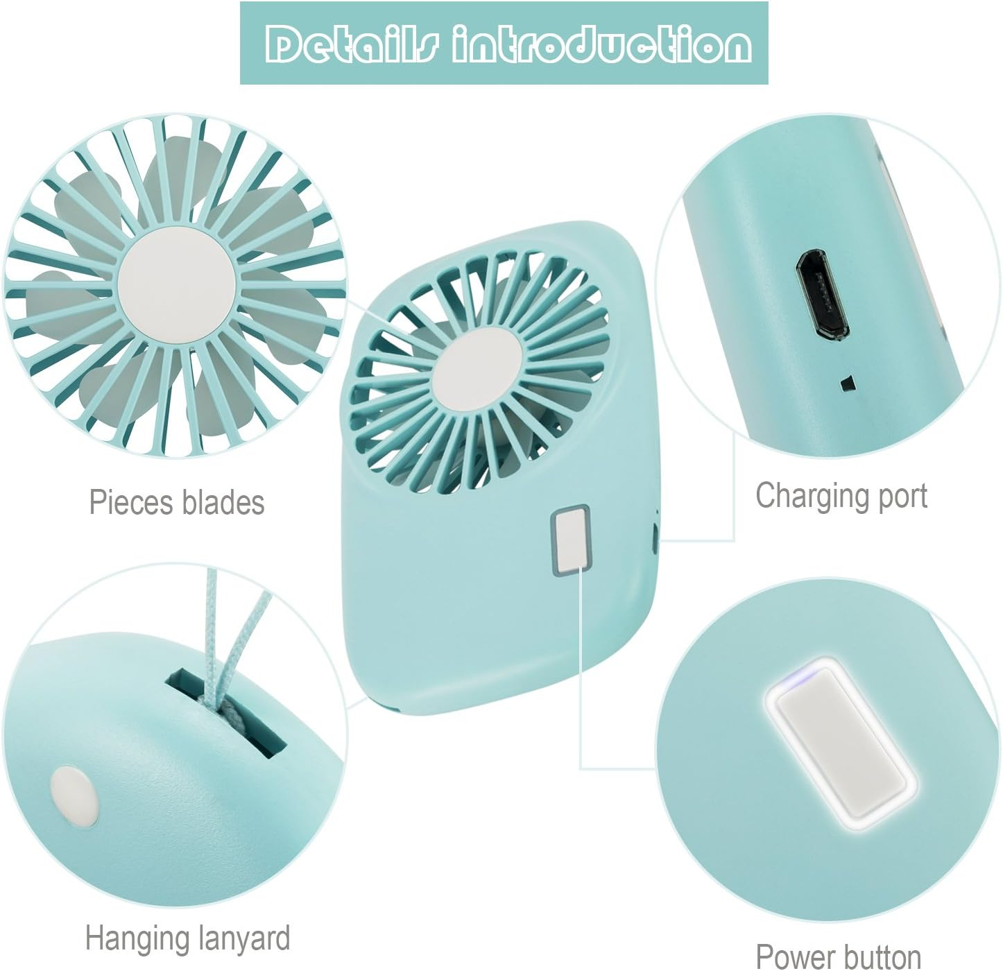 Ein hellblauer Mini-Ventilator mit Lüfterblättern, Ladeanschluss, Handschlaufe und Ein-/Ausschalter.