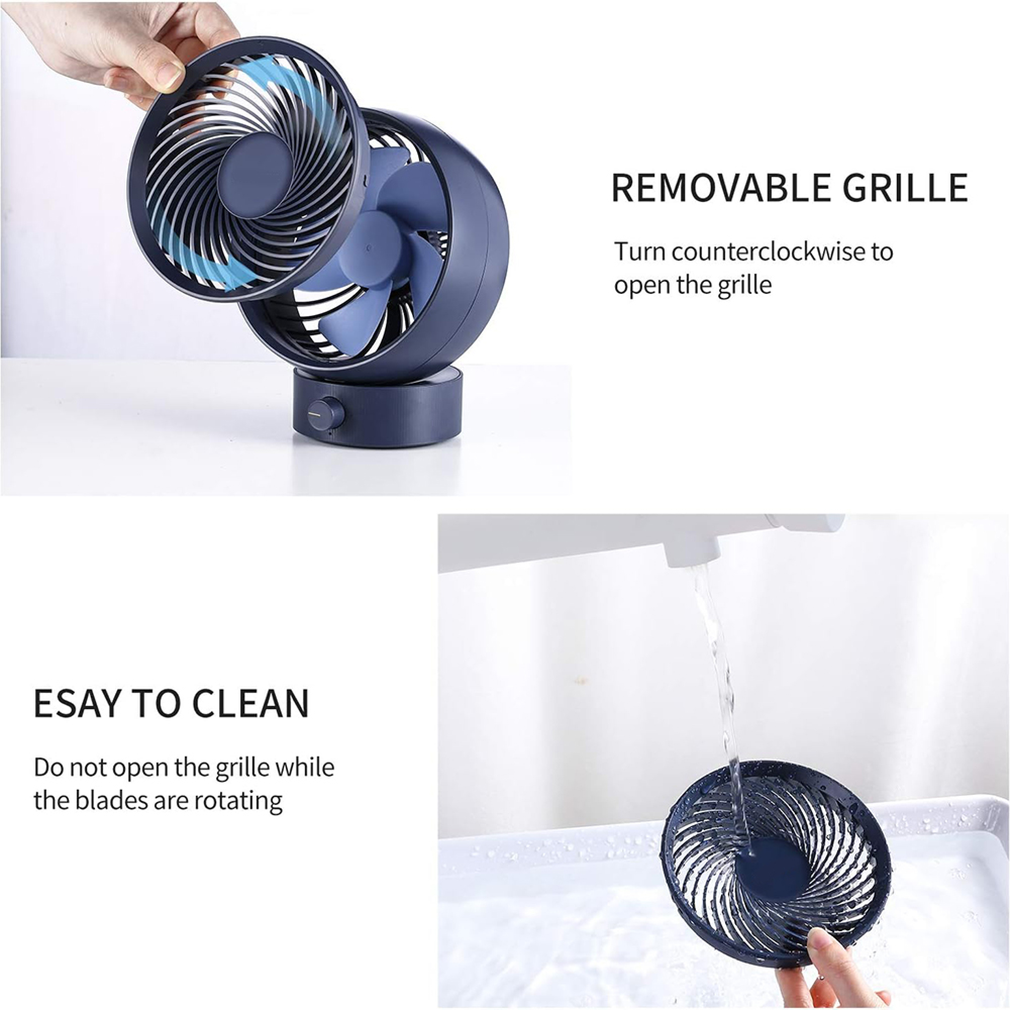 Ein blauer Ventilator mit abnehmbarem Gitter wird gereinigt.