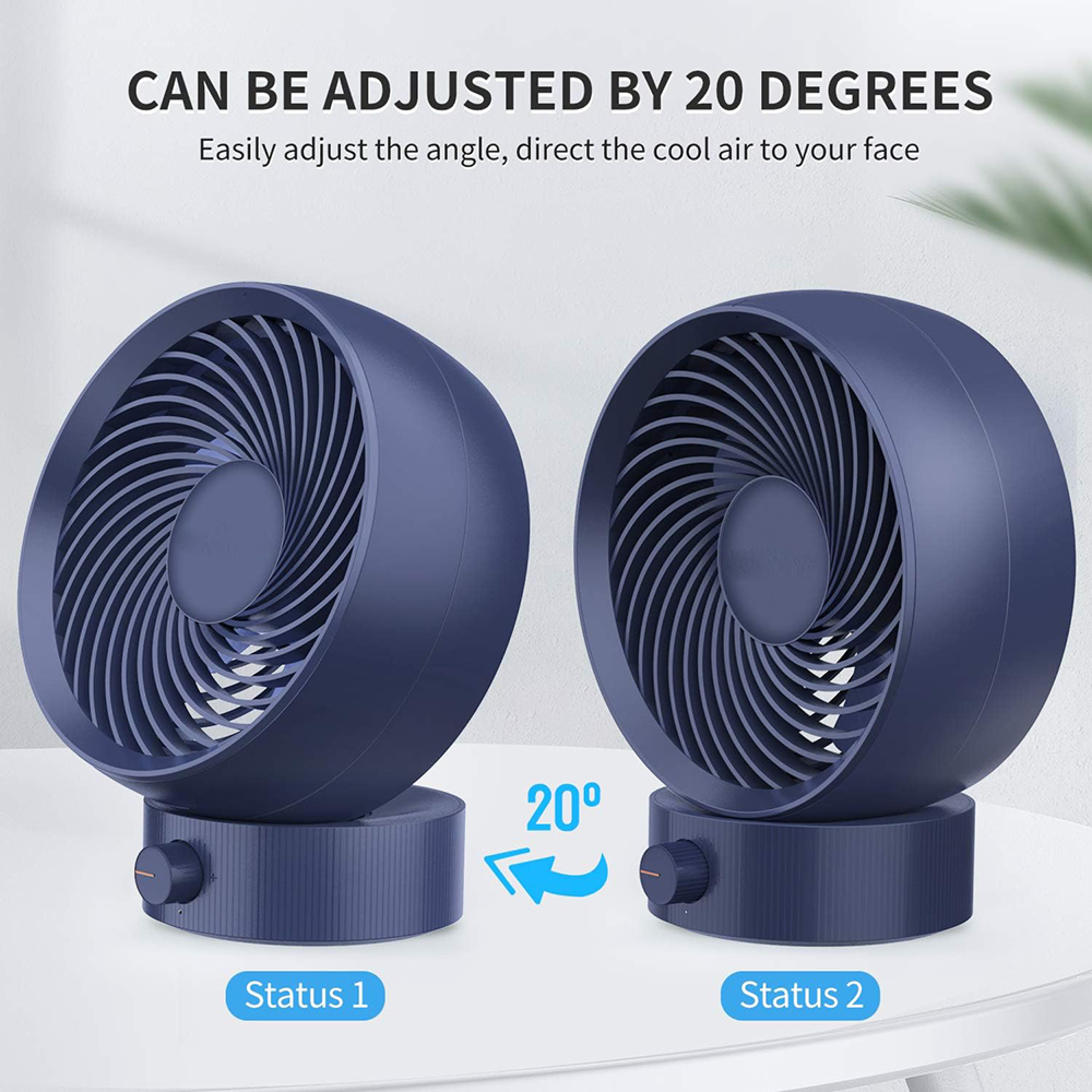 Zwei dunkelblaue Tischventilatoren, einer links und einer rechts. Beide haben verstellbare Köpfe.