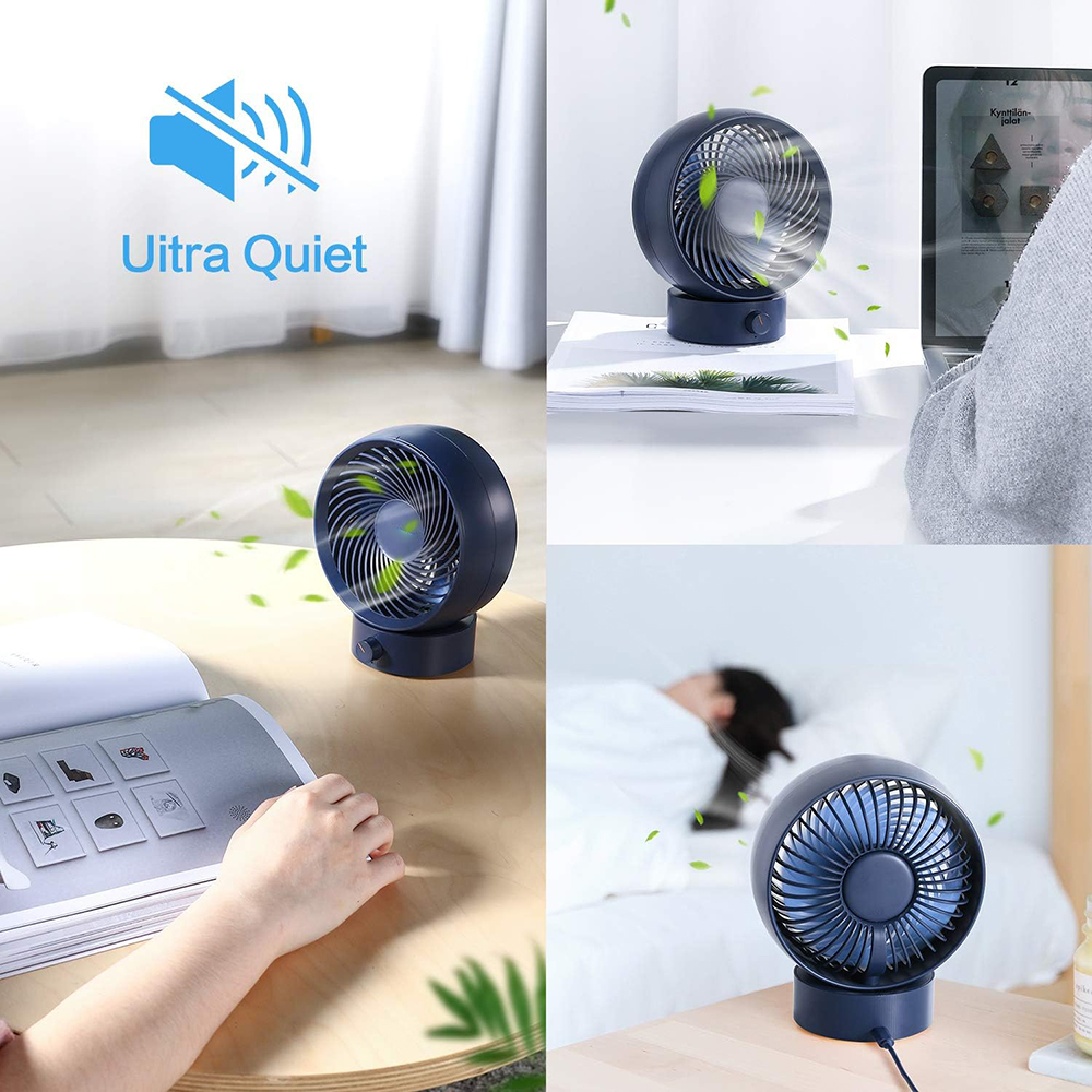 Ein blauer Mini-Ventilator wird auf einem Tisch gezeigt, der Luft bewegt.