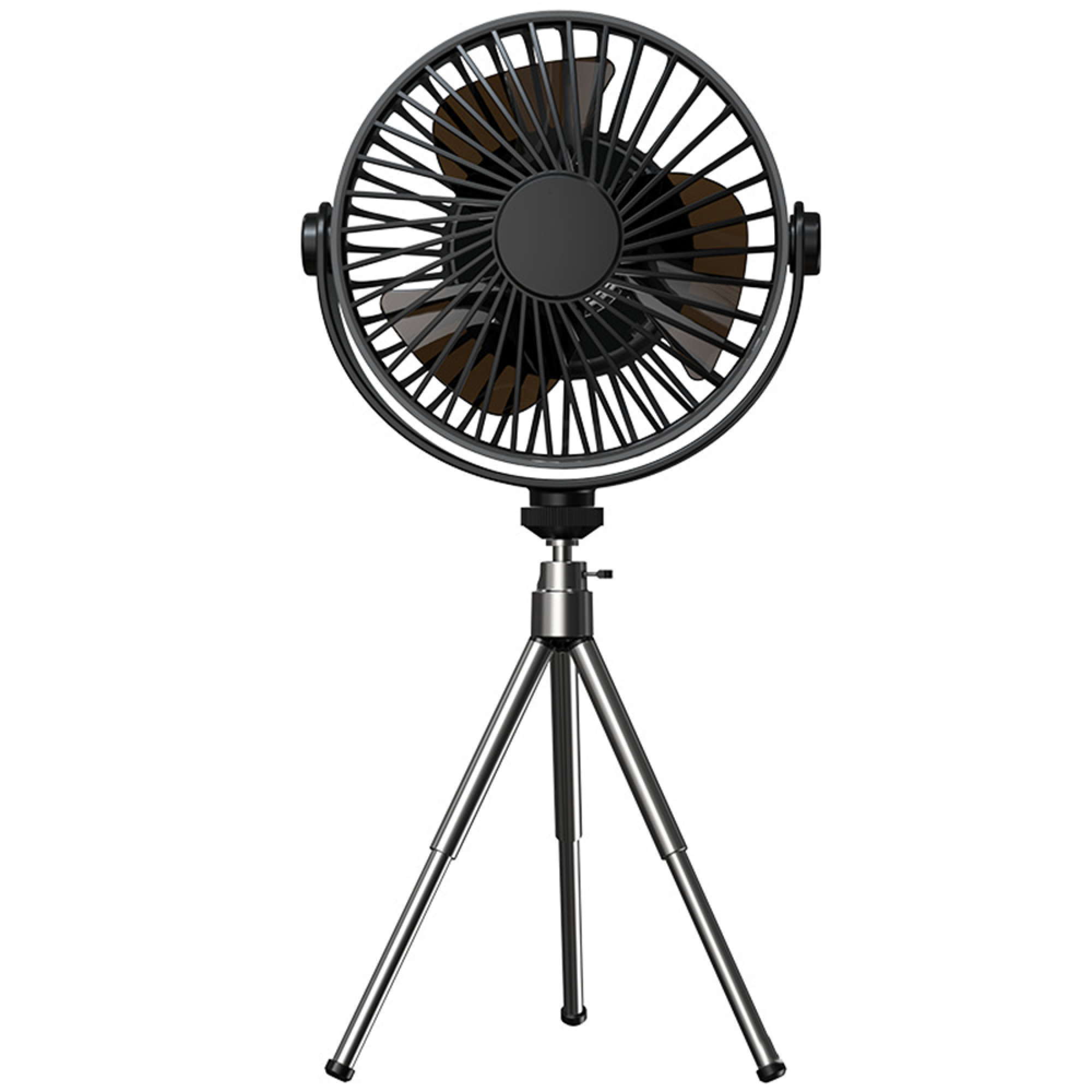Ein schwarzer Ventilator mit braunen Rotorblättern auf einem silbernen Stativ.