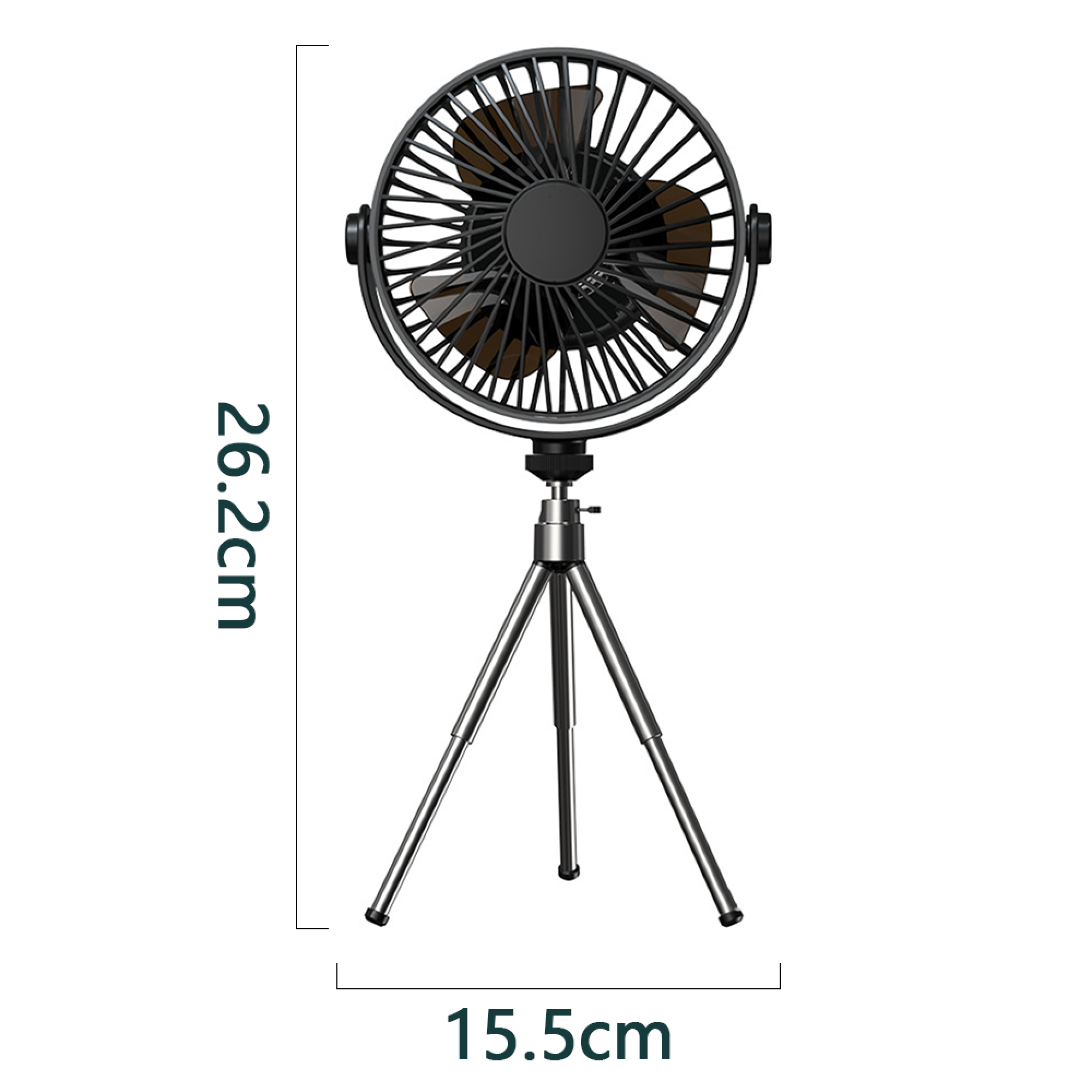 Ein schwarzer Ventilator auf einem dreibeinigen Ständer mit Maßen 26,2 cm Höhe und 15,5 cm Breite.