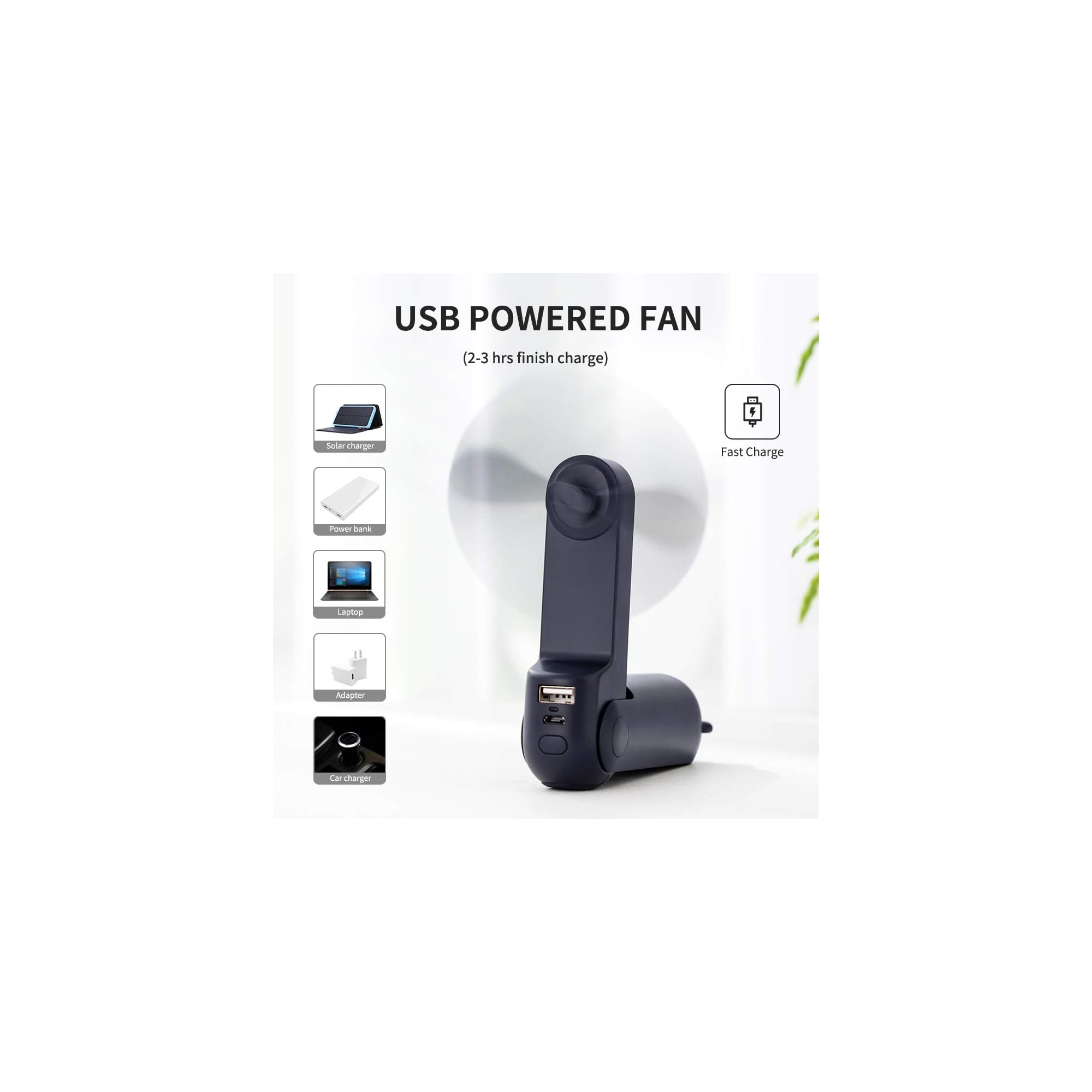 Dunkelblauer USB-Ventilator mit sich drehenden Blättern, neben verschiedenen Ladeoptionen.