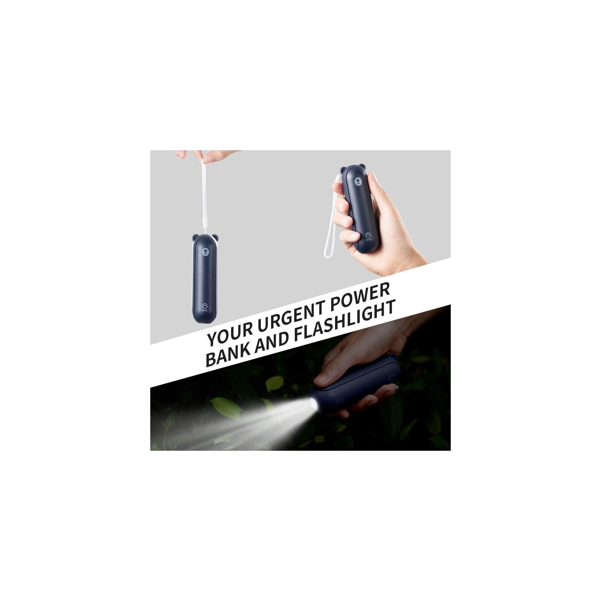 Ein dunkles Powerbank-Taschenlampen-Gerät mit Bärenohren, das Licht aussendet.
