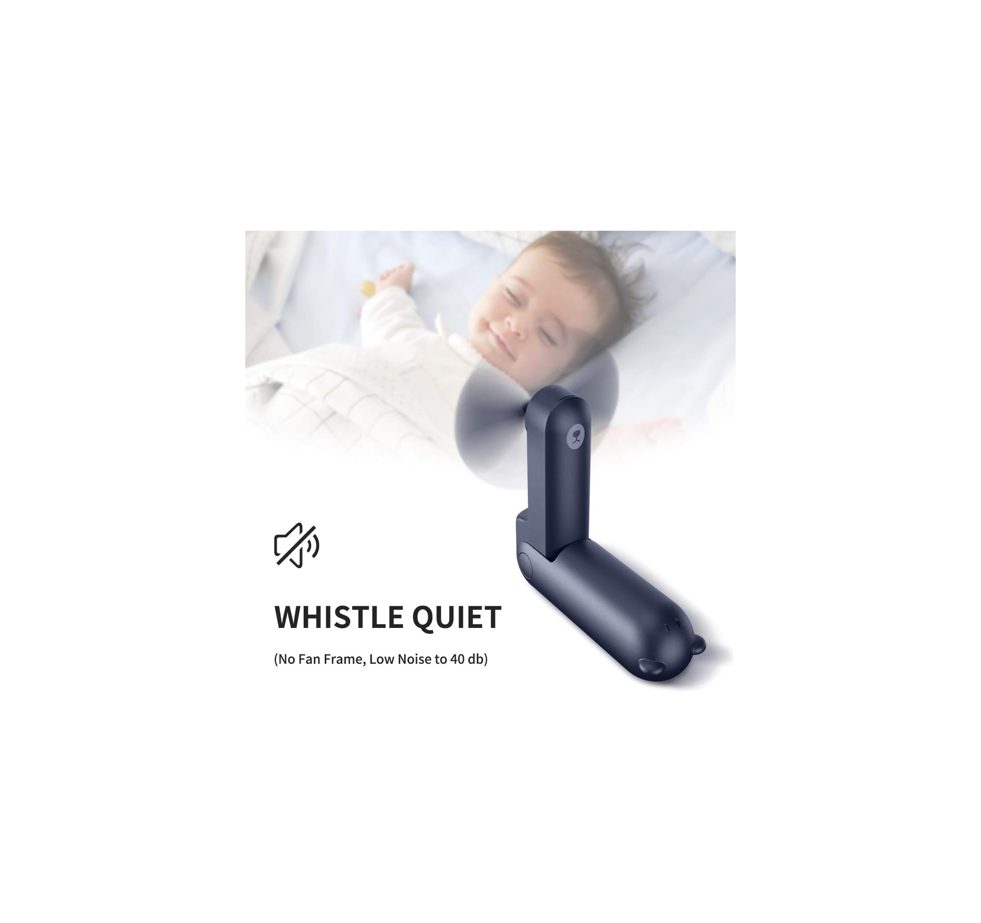 Ein dunkler Ventilator neben einem schlafenden Baby. "WHISTLE QUIET"