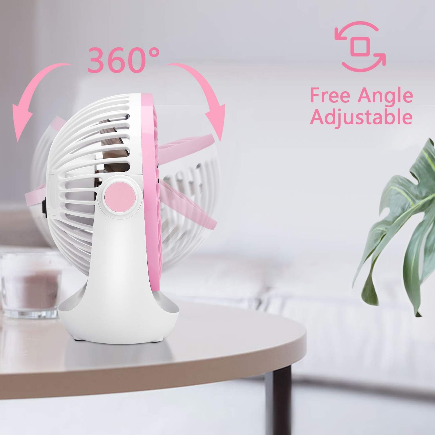 Ein weißer und rosa Ventilator mit 360 Grad Verstellbarkeit.