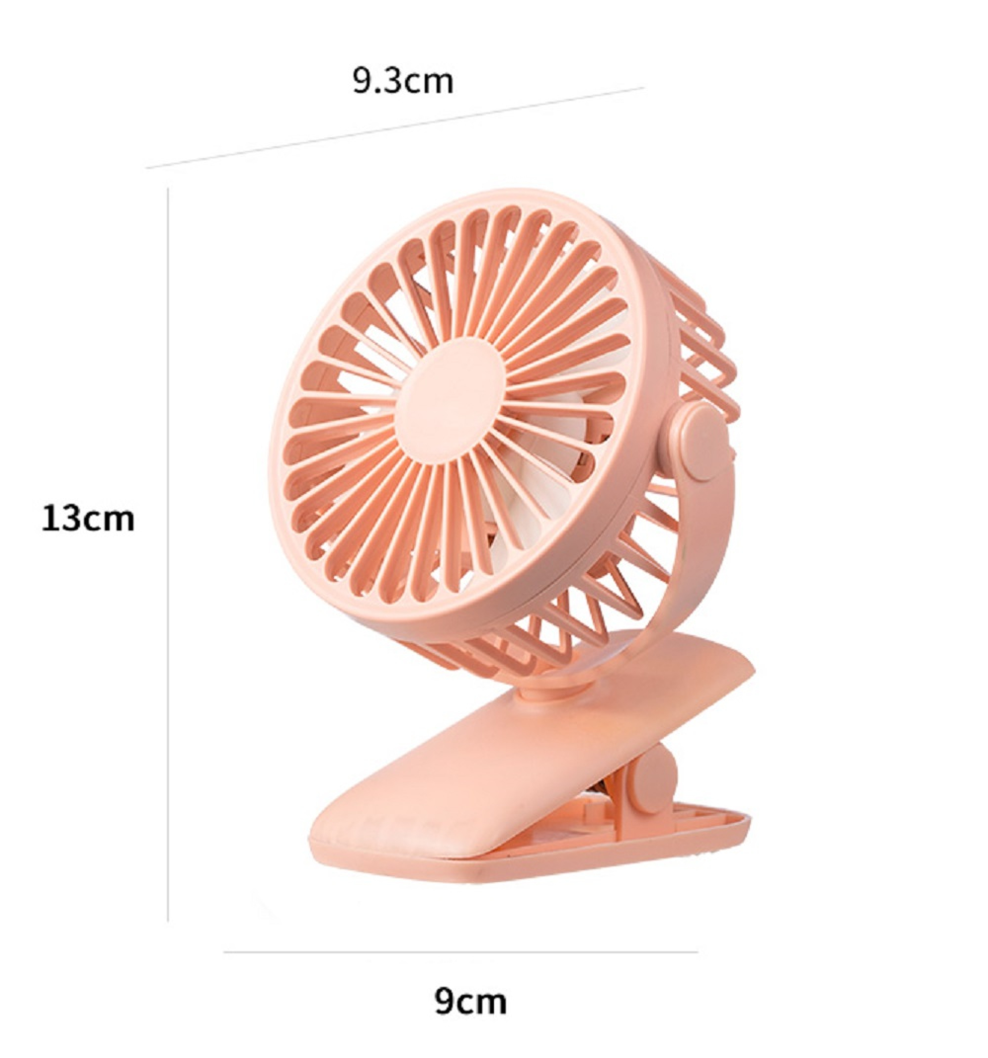 Ein kleiner, pfirsichfarbener Ventilator mit Klemmfuß, Maße 13x9,3x9cm.