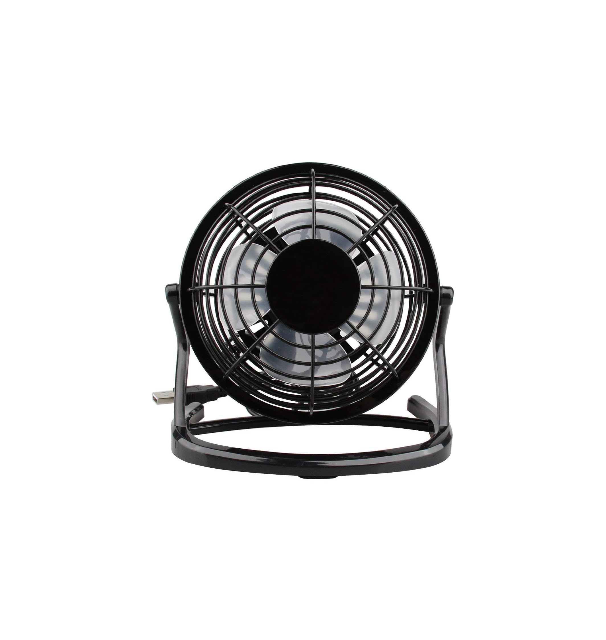 Ein kleiner, schwarzer USB-Ventilator mit Metallgitter und transparenten Flügeln.