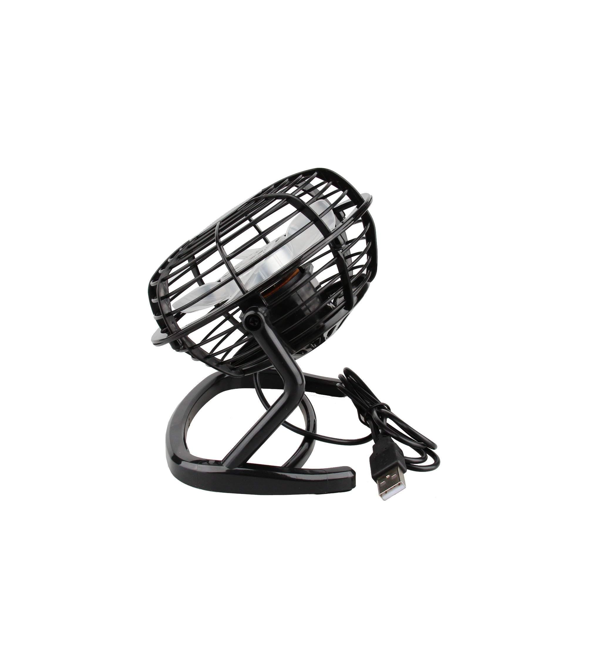 Ein schwarzer USB-Tischventilator mit Gitter und Kabel.
