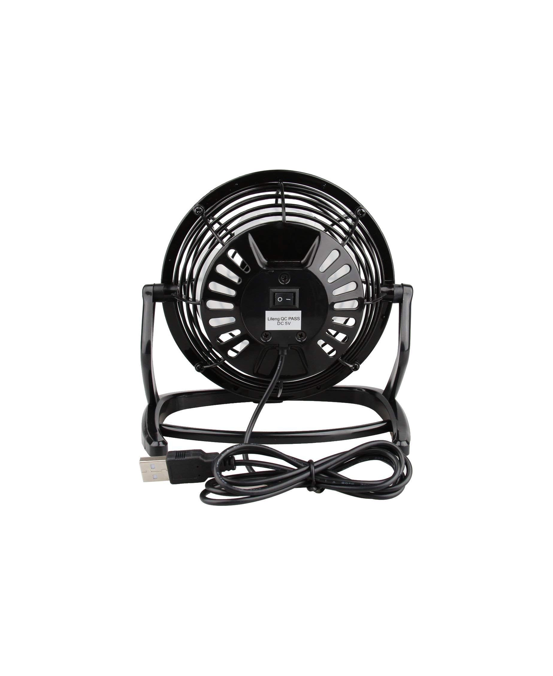 Ein schwarzer USB-Tischventilator mit einem Ständer und einem Kabel.