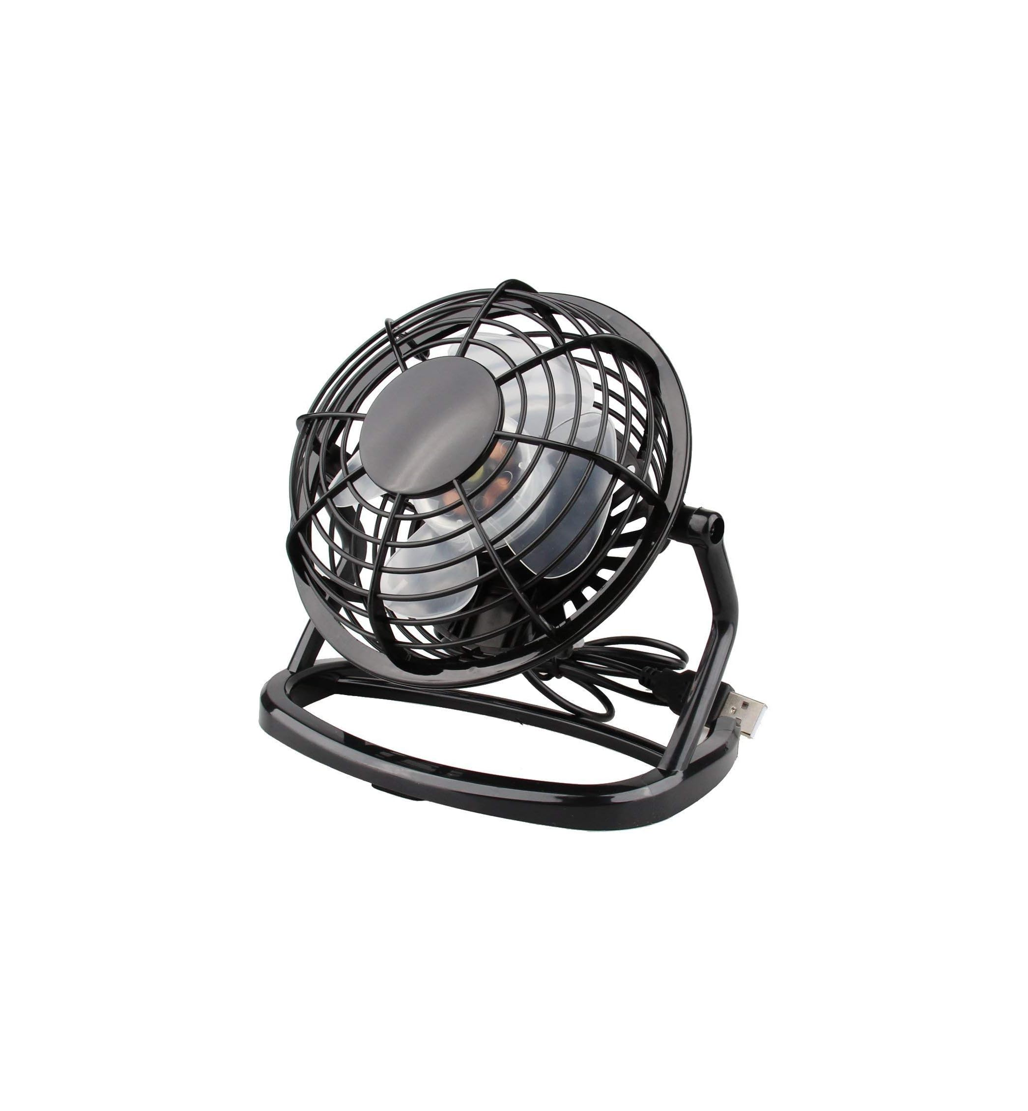 Ein schwarzer Mini-USB-Ventilator mit Metallschutz und transparenten Flügeln.