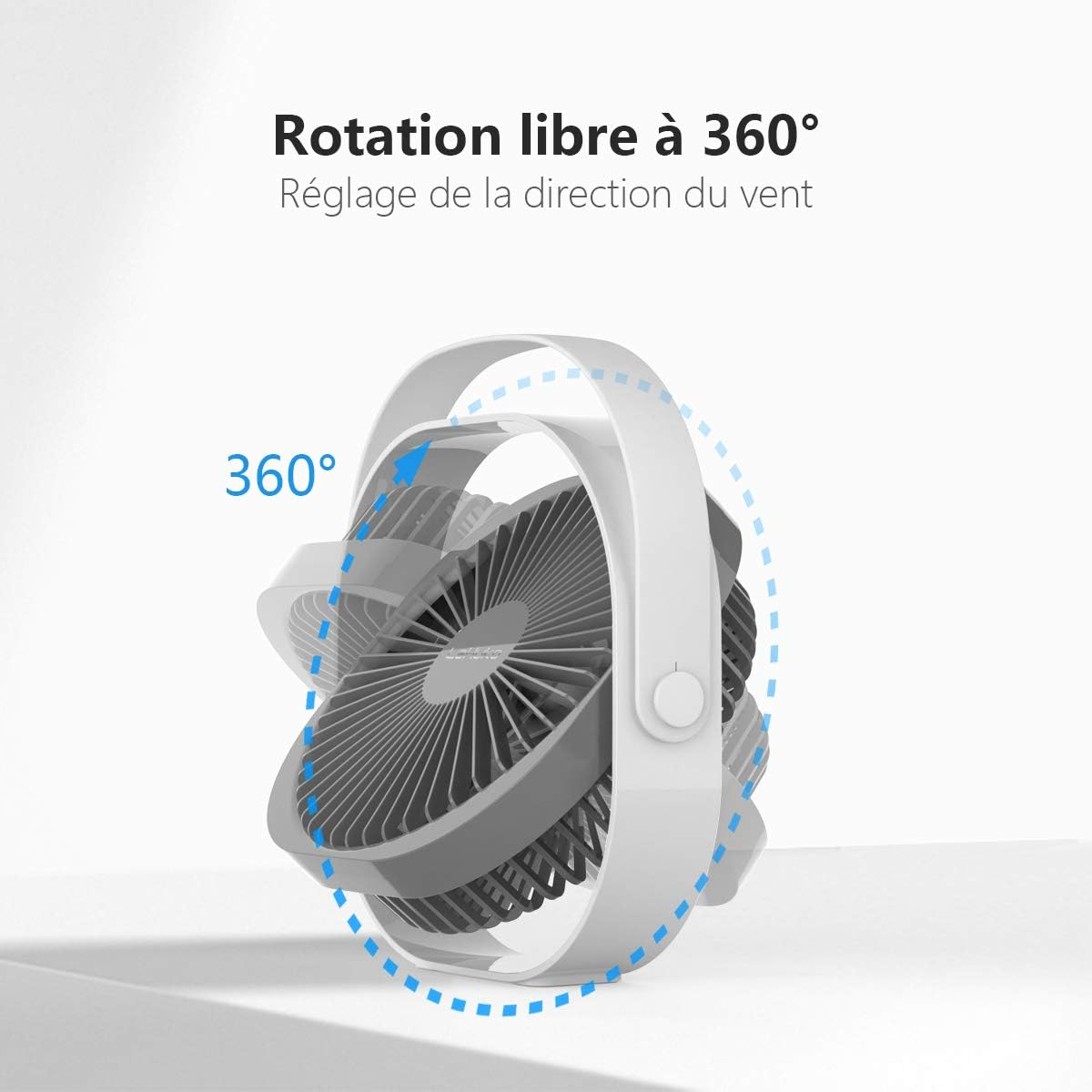Ein weißer Ventilator mit grauen Lüfterblättern, der sich um 360 Grad dreht.