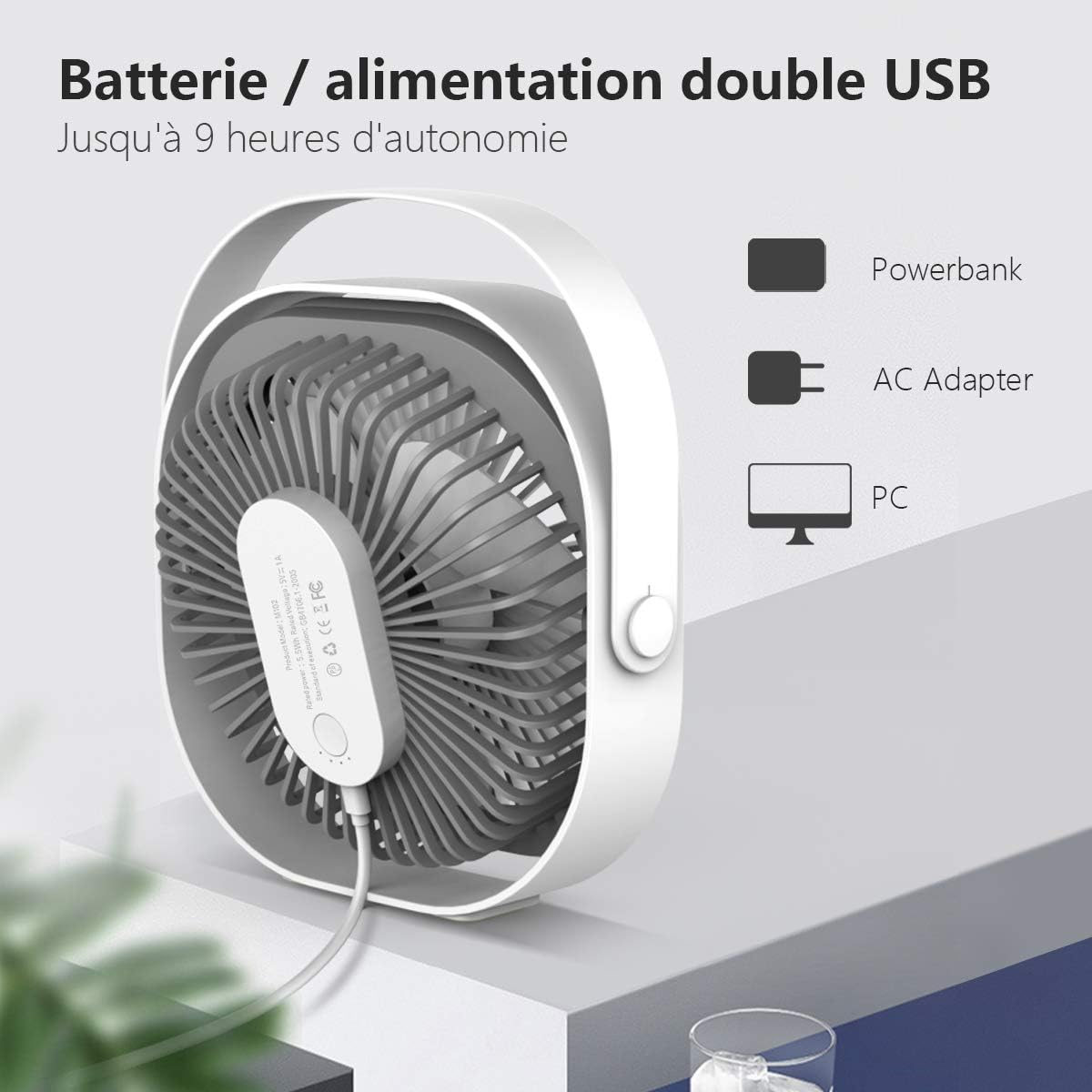 Ein weißer und grauer USB-Lüfter mit Tragegriff und Ladeanzeige.