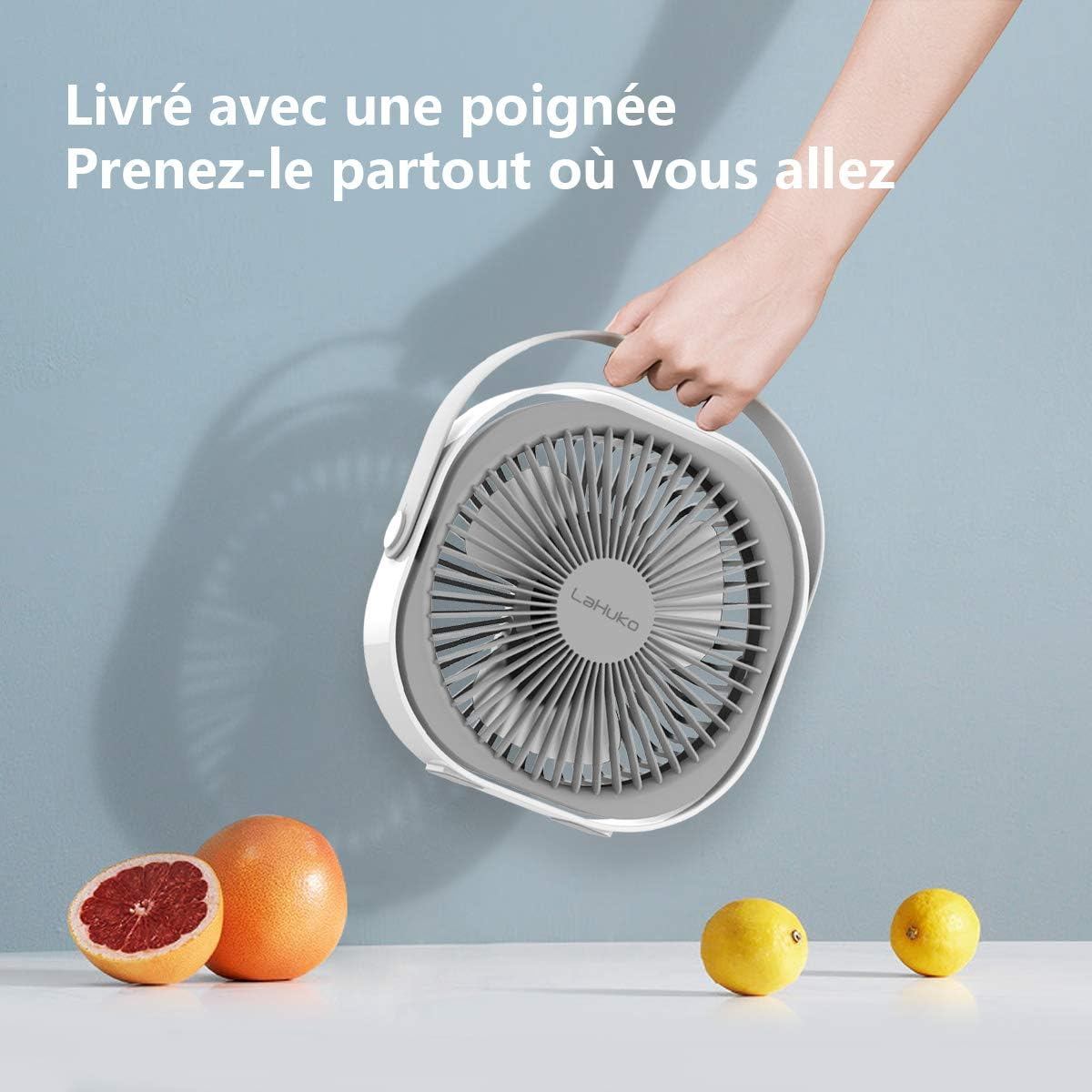 Eine Hand hält einen grauen Ventilator mit Griffen. Grapefruits und Zitronen liegen daneben.