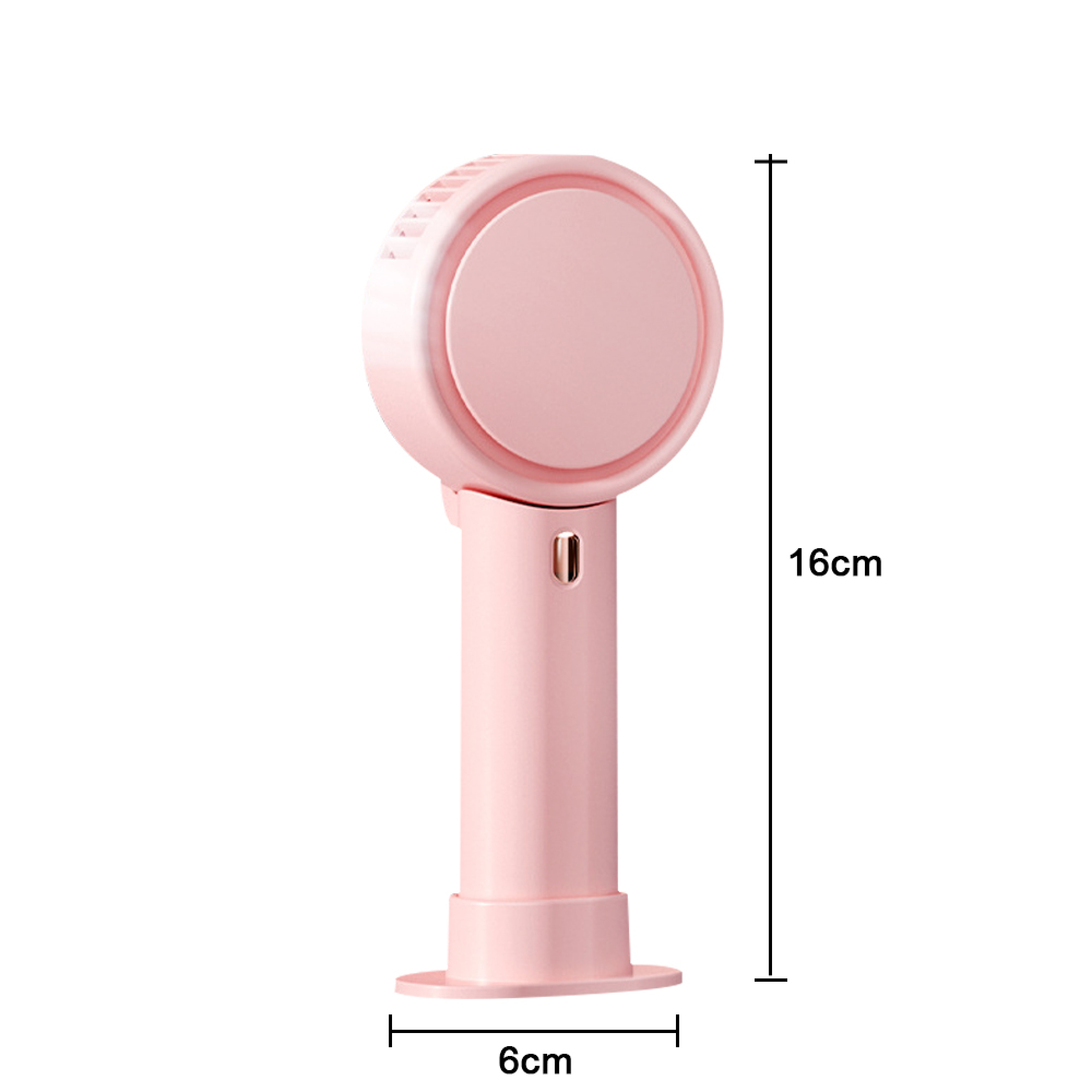 Ein kleiner rosafarbener Ventilator mit Griff und Basis. Maße: 16cm hoch, 6cm breit.
