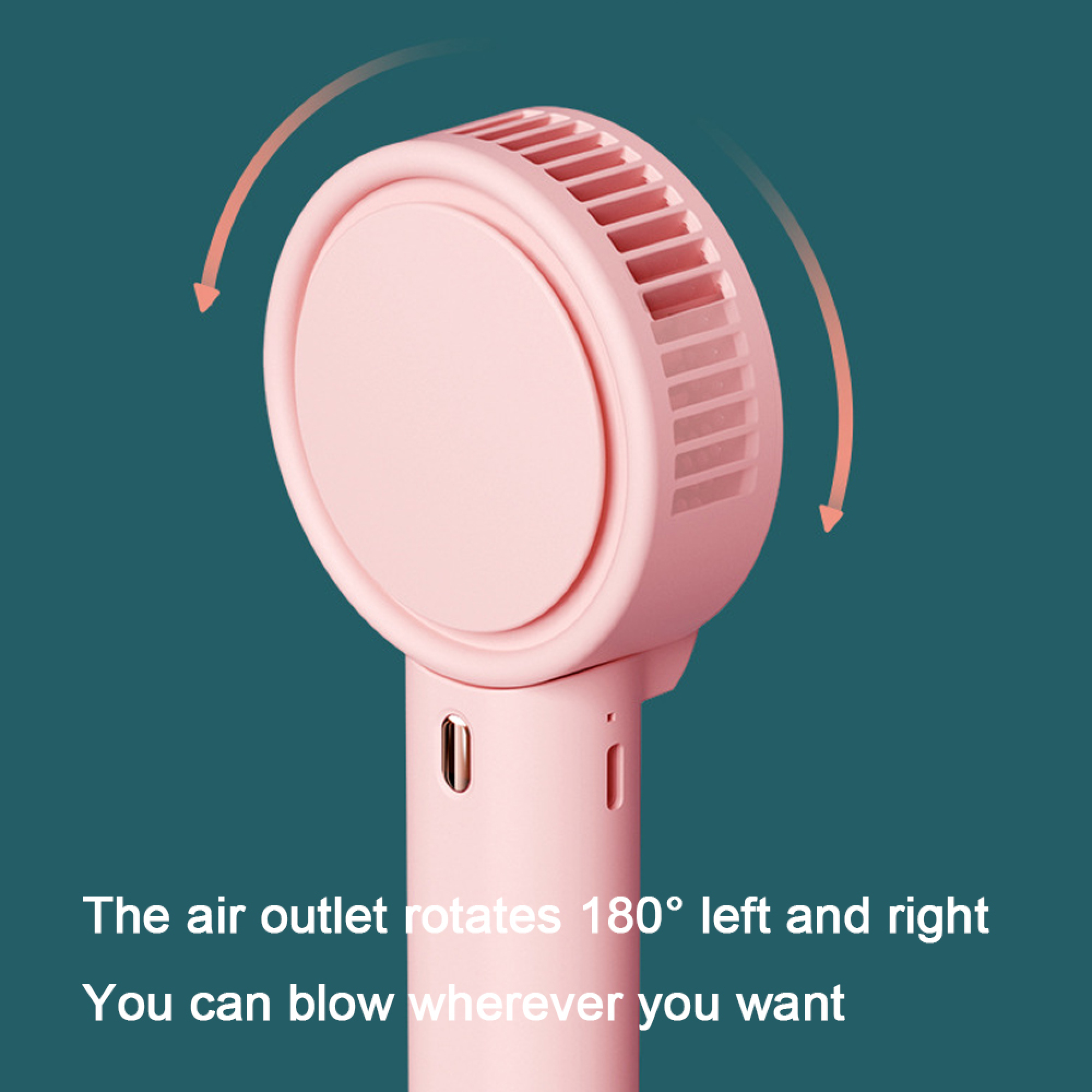 Ein rosa Ventilator mit schwenkbarem Luftauslass auf dunklem Hintergrund.