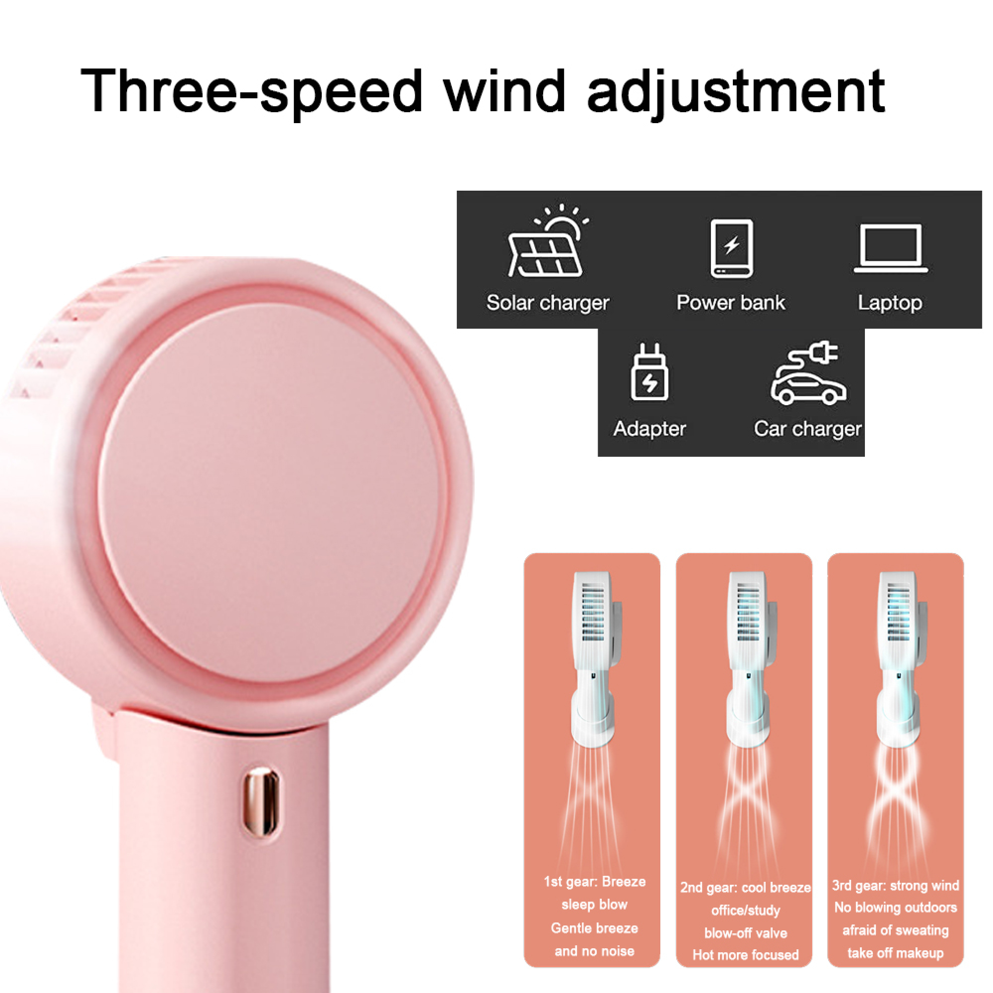 Ein rosa Ventilator mit drei Geschwindigkeitsstufen, Ladeoptionen und Windstärken.