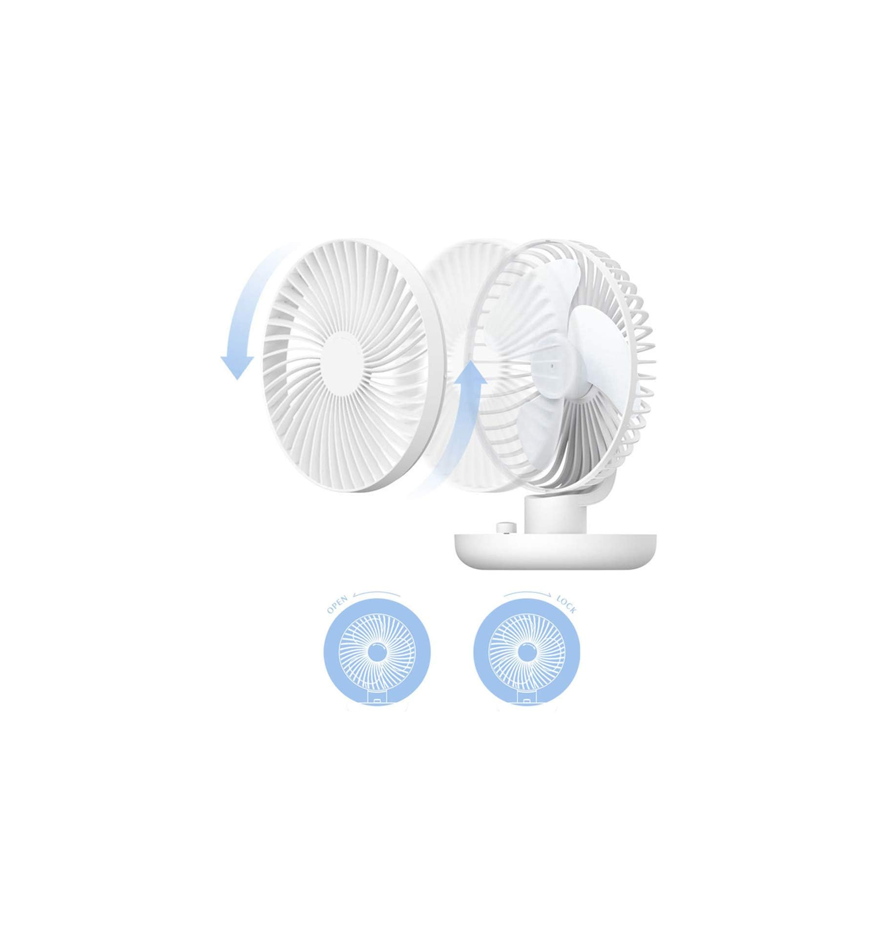 Ein weißer Tischventilator mit zwei Lüfterblättern und Pfeilen, die die Bewegung anzeigen.