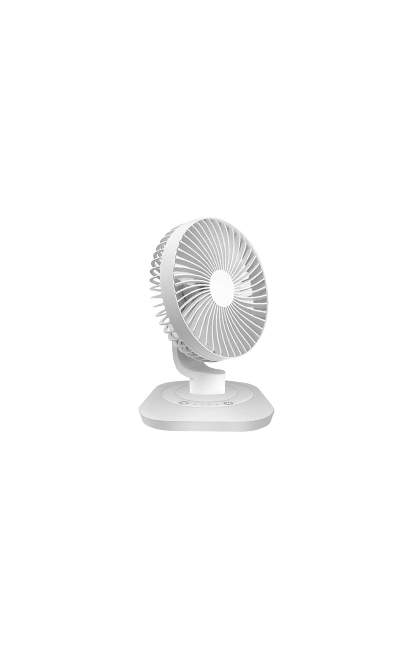Ein weißer Tischventilator mit verstellbarem Kopf auf einem rechteckigen Sockel.