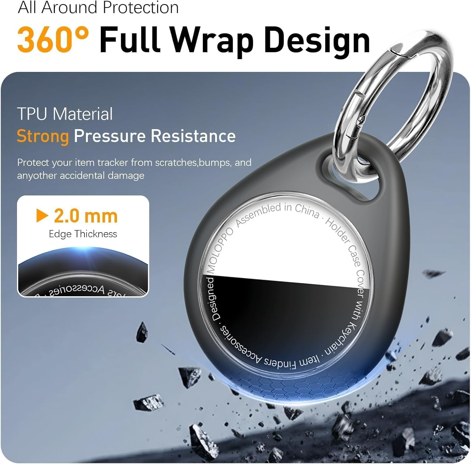 360°-Rundum-TPU-Hülle für Item-Tracker. Silberner Schlüsselanhänger befestigt.
