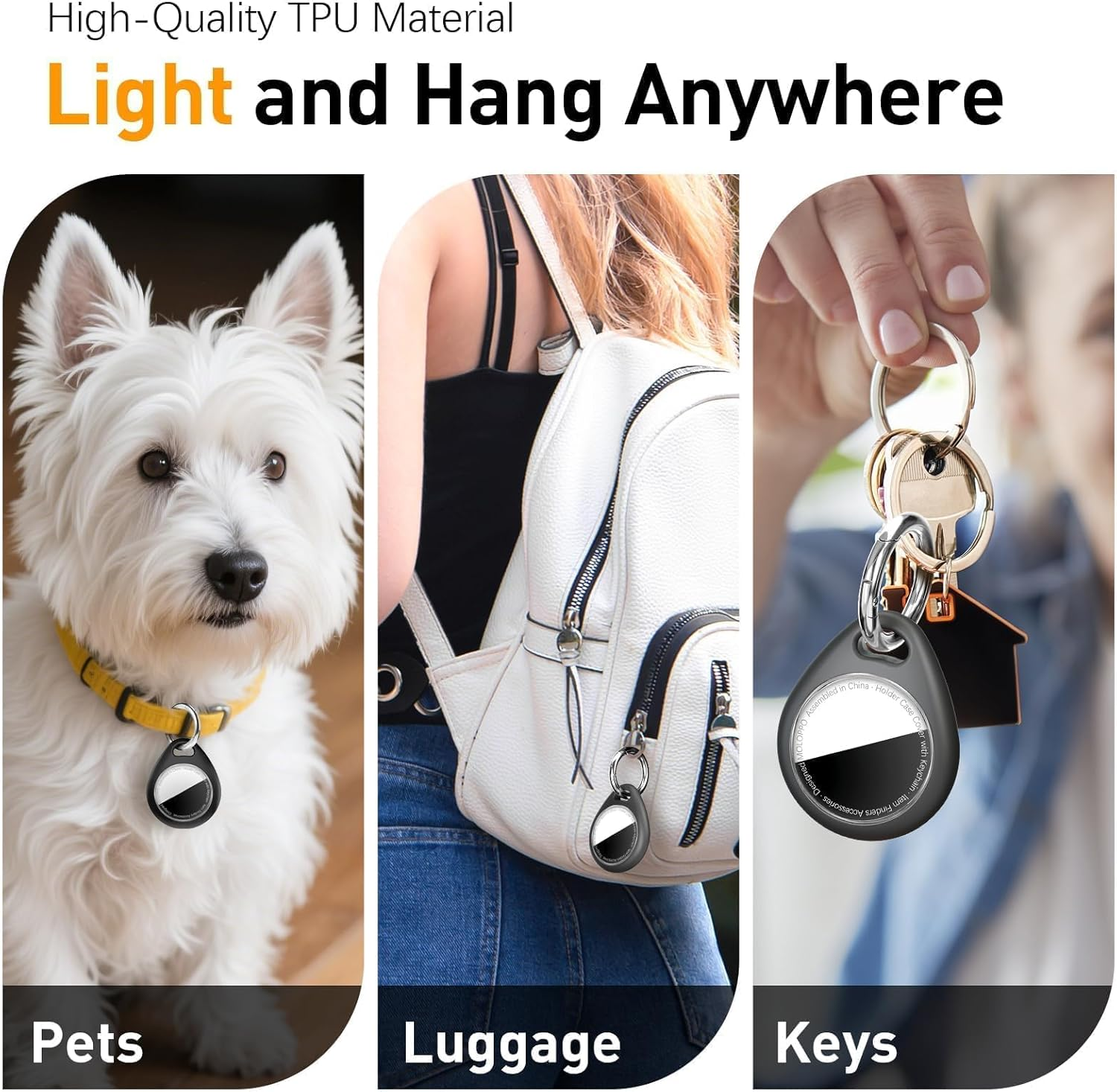 Ein weißer Hund mit einem Tracker am Halsband, eine weiße Tasche und Schlüssel mit Tracker.