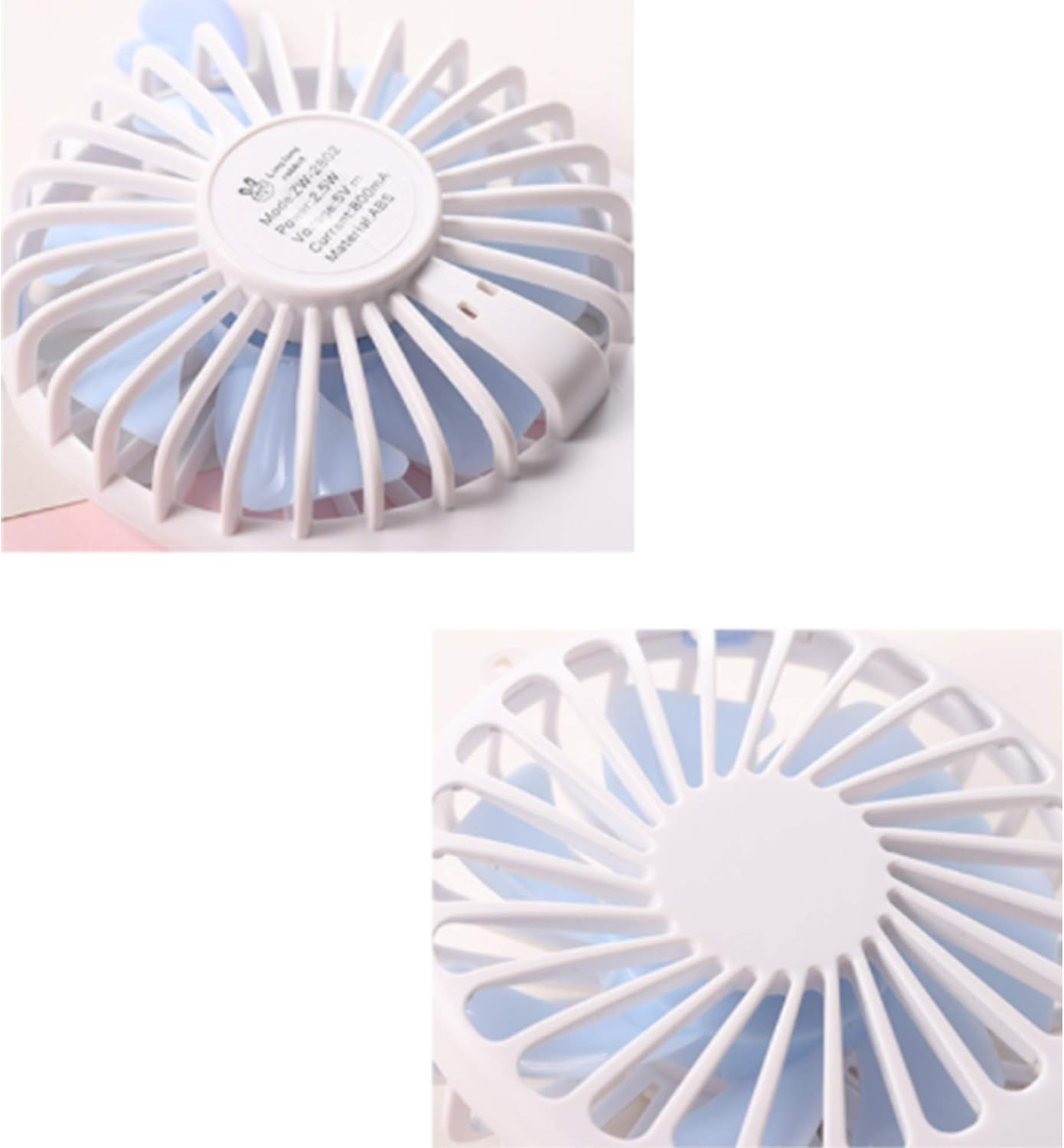 Ein weißer tragbarer Ventilator mit blauen Flügeln und einem weißen Schutzgitter.