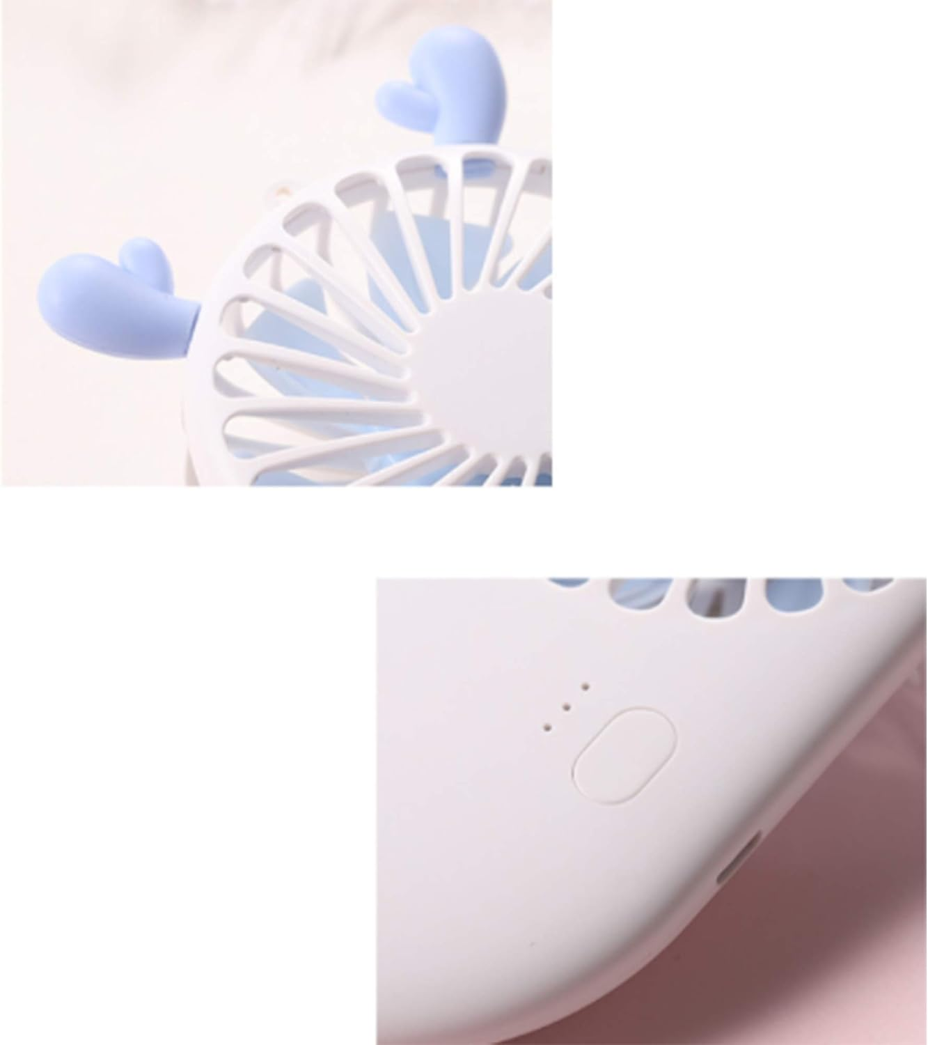 Ein weißer tragbarer Ventilator mit blauen Cartoon-Ohren und einem Knopf.