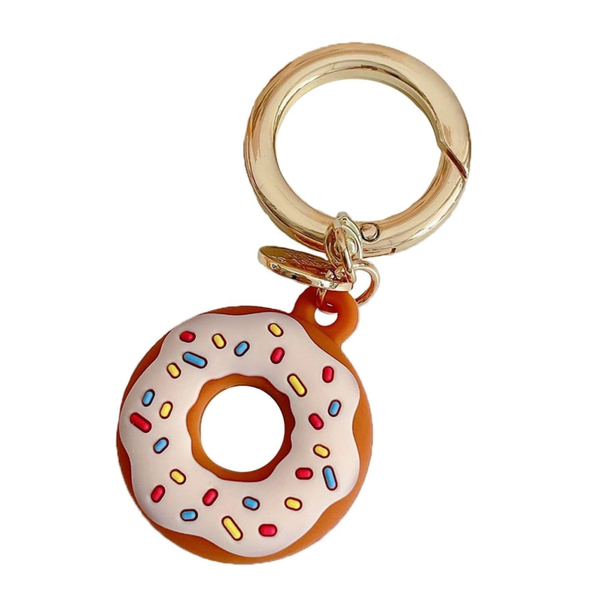 Ein Donut-Schlüsselanhänger mit weißer Glasur und bunten Streuseln an einem goldenen Ring.