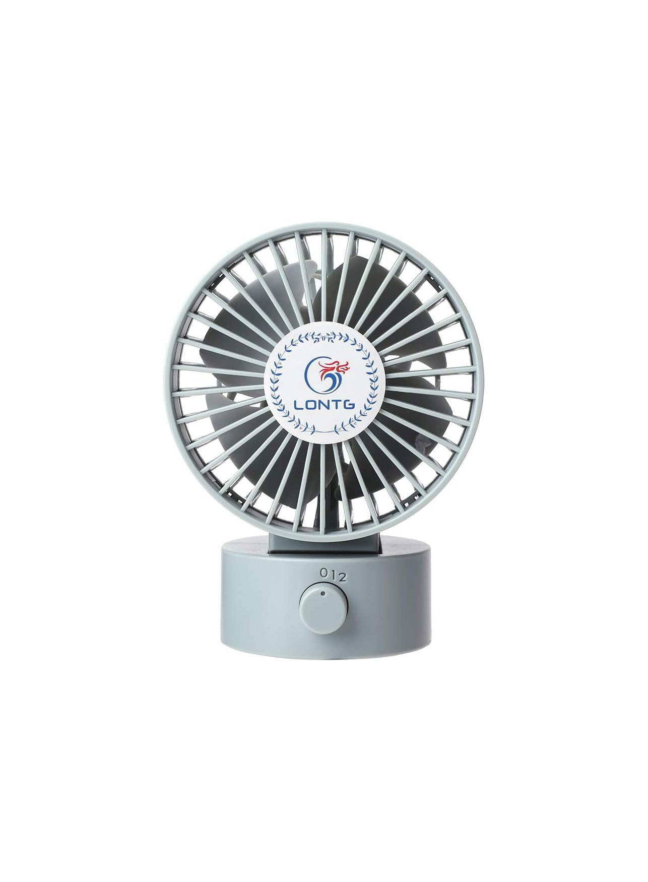 Ein kleiner grauer Ventilator mit einem Logo und einem Drehknopf.