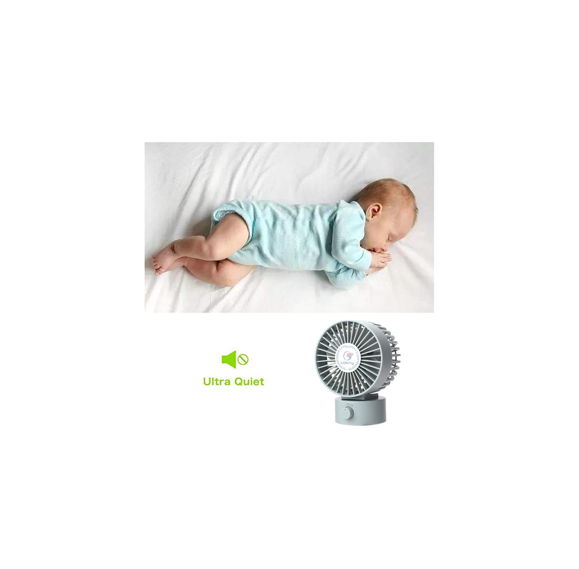 Ein Baby im hellblauen Strampler schläft auf einem weißen Laken neben einem kleinen grauen Ventilator.