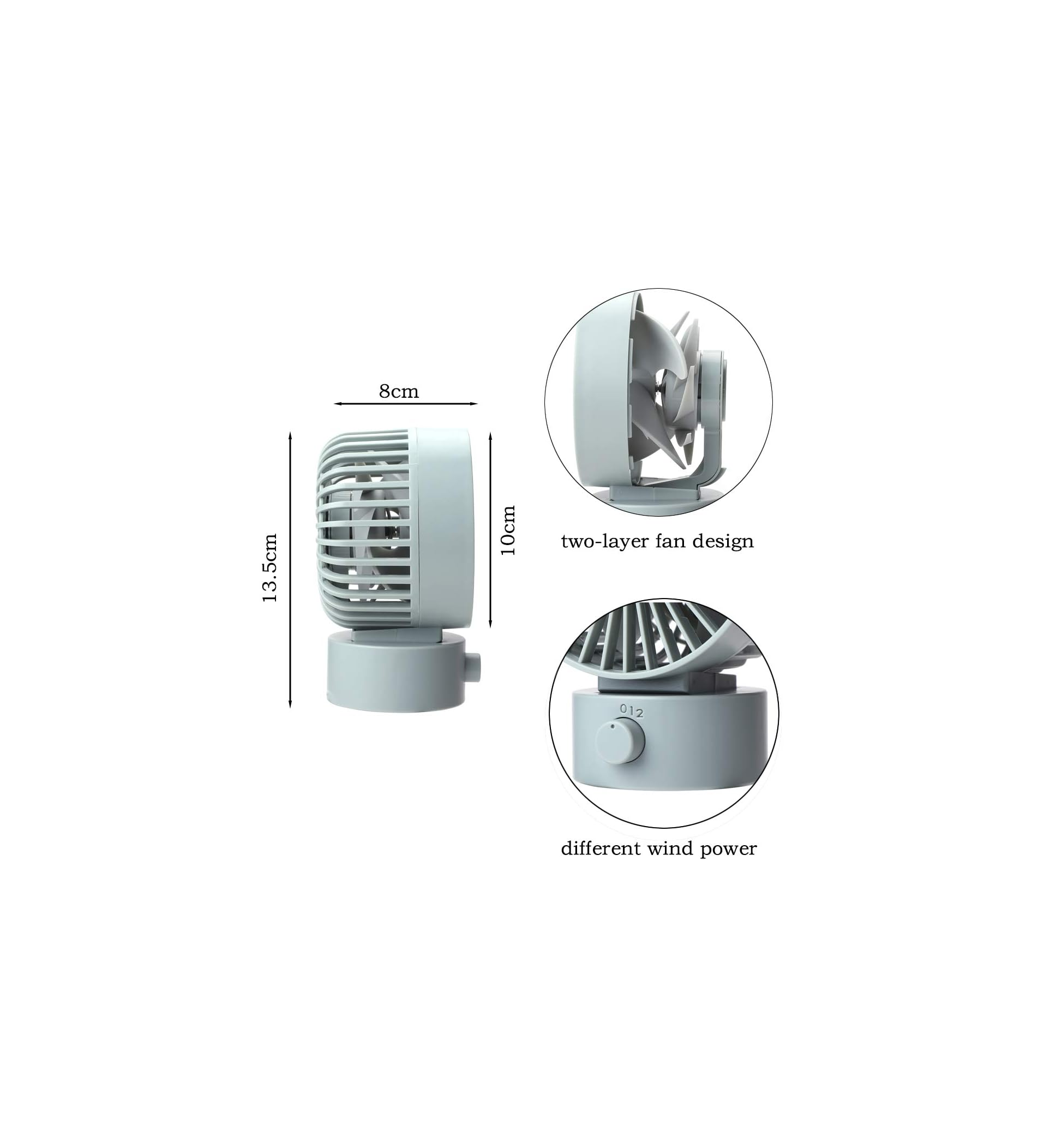 Ein hellgrauer Ventilator mit zwei Ebenen und einem Knopf zur Windstärkeneinstellung.