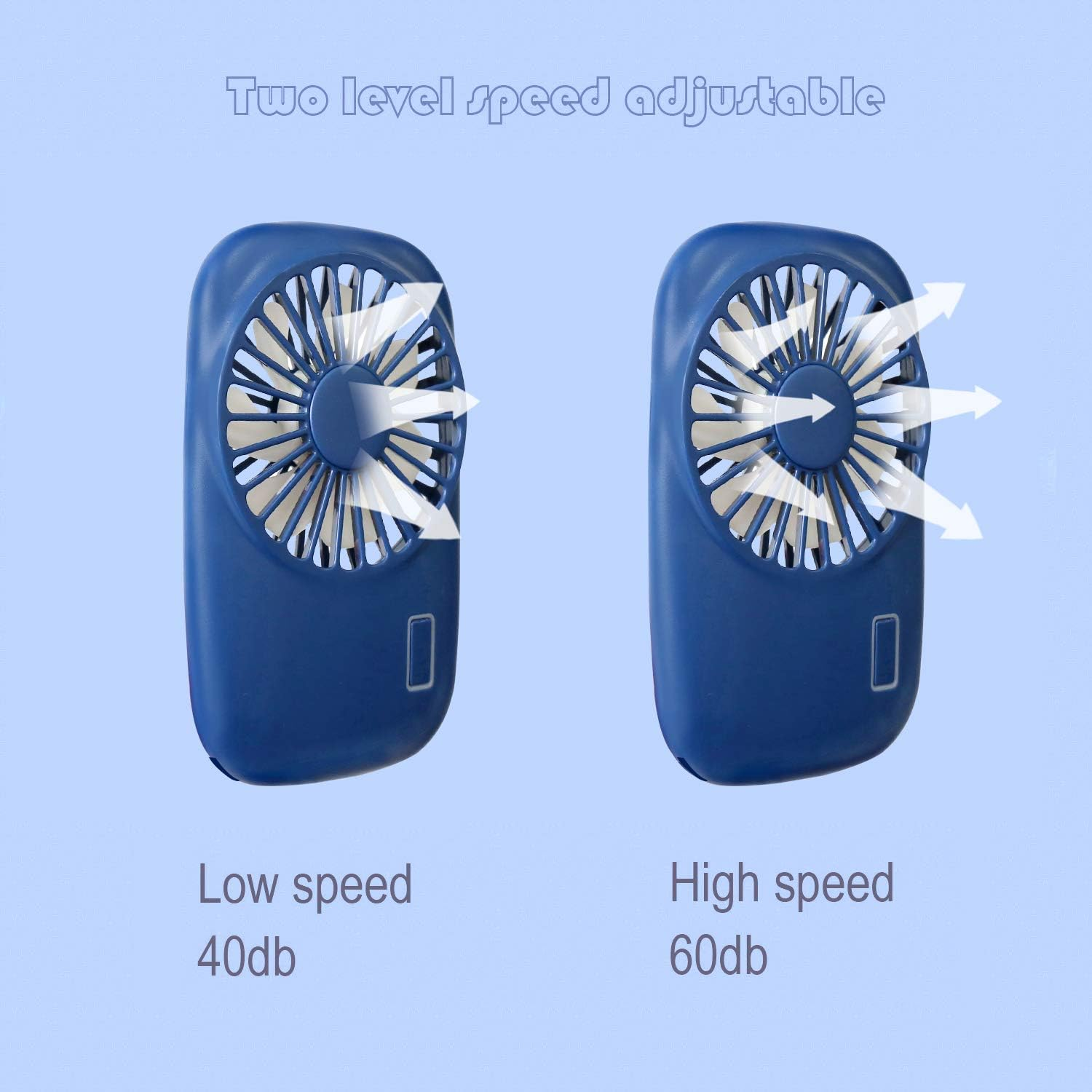 Zwei blaue Lüfter mit unterschiedlicher Windstärke und Dezibelangabe.