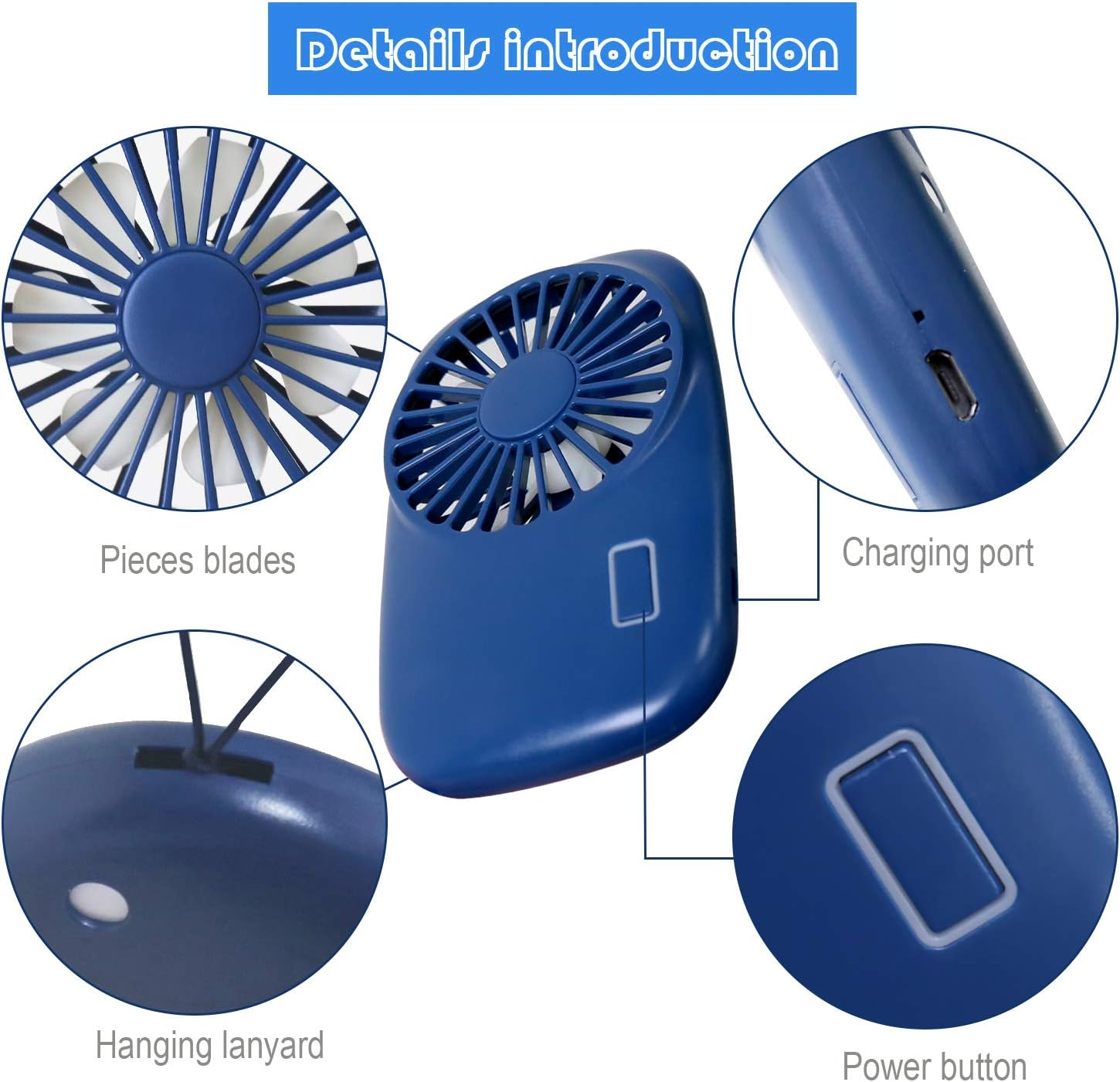 Ein blauer Handventilator mit Ladeanschluss, Power-Taste, Aufhängeschlaufe und Lüfterblättern.