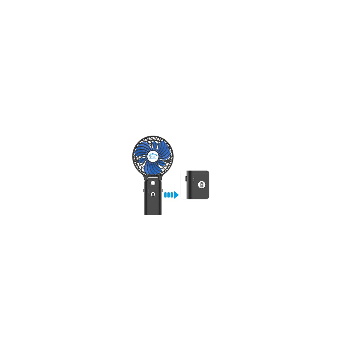 Ein schwarzer Handventilator mit blauen Rotorblättern und ein schwarzer Akku werden nebeneinander gezeigt.