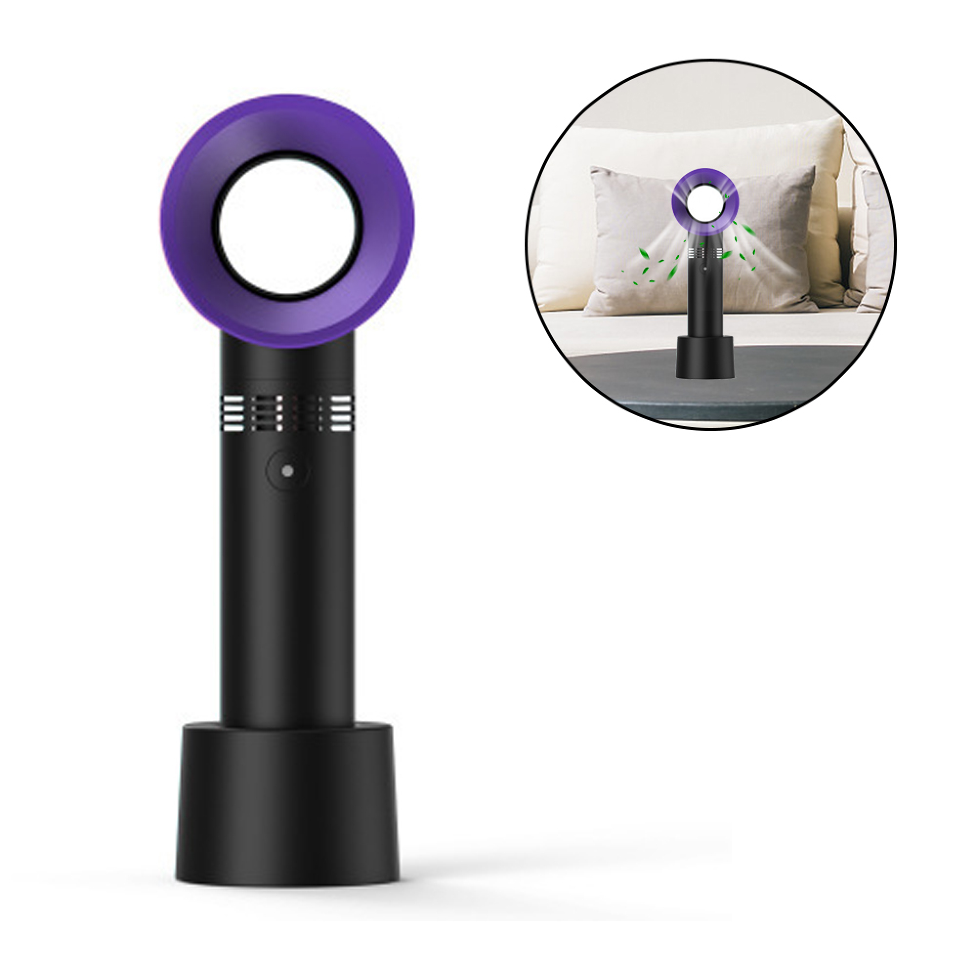 Ein schlanker, schwarzer Ventilator mit einem violetten Ring steht auf einem Sockel. Luft strömt.