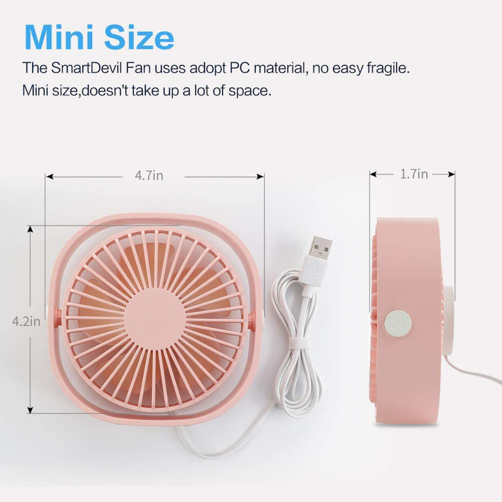 Ein kleiner rosa Ventilator mit USB-Kabel. Maße: 4,7x4,2x1,7 Zoll.
