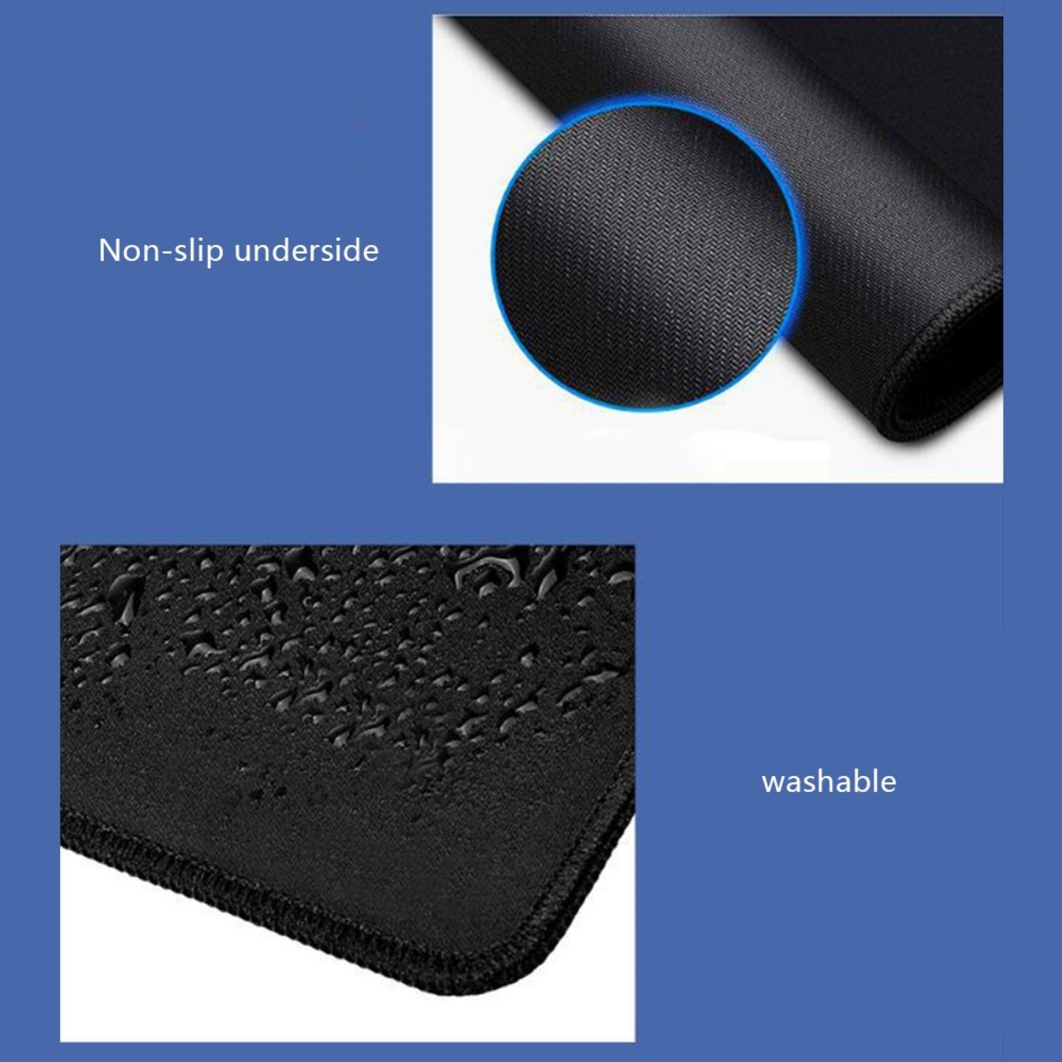 Nahaufnahme eines schwarzen Mauspads mit Wasserflecken und Texturdetails.
