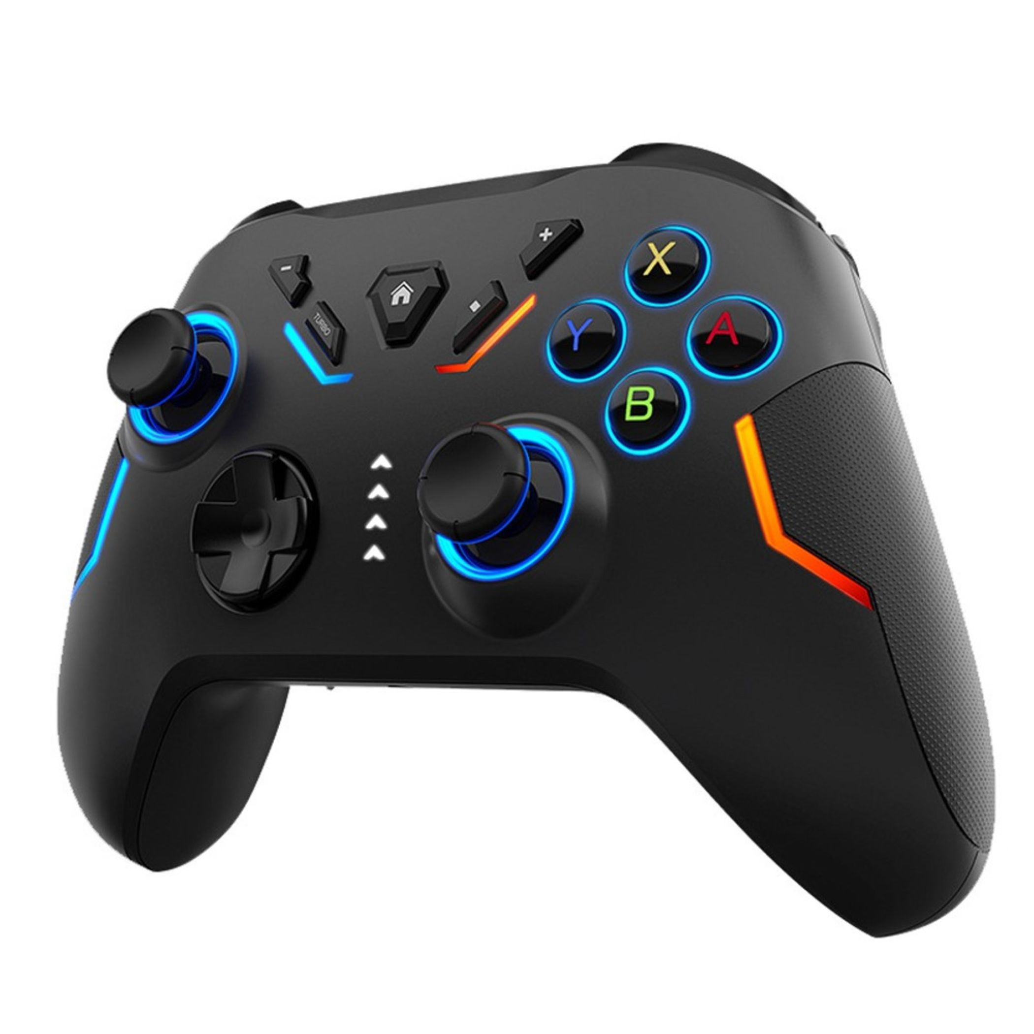 Schwarzer Gaming-Controller mit blauen und orangen Lichtern, D-Pad, Joysticks und Knöpfen.